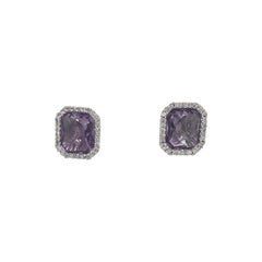 Amethyst Diamond Halo Stud Earrings 0.55 Carat 14 Karat White Gold