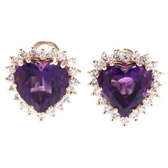 Retro Amethyst Diamond Heart Clip on Earrings, 14K Gold, Omega Backs, Purple Amethyst
