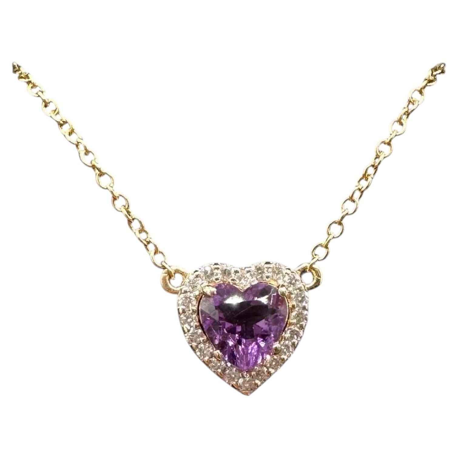 Collier Améthyste Diamant Coeur Or Jaune 14K 0.10ctw
