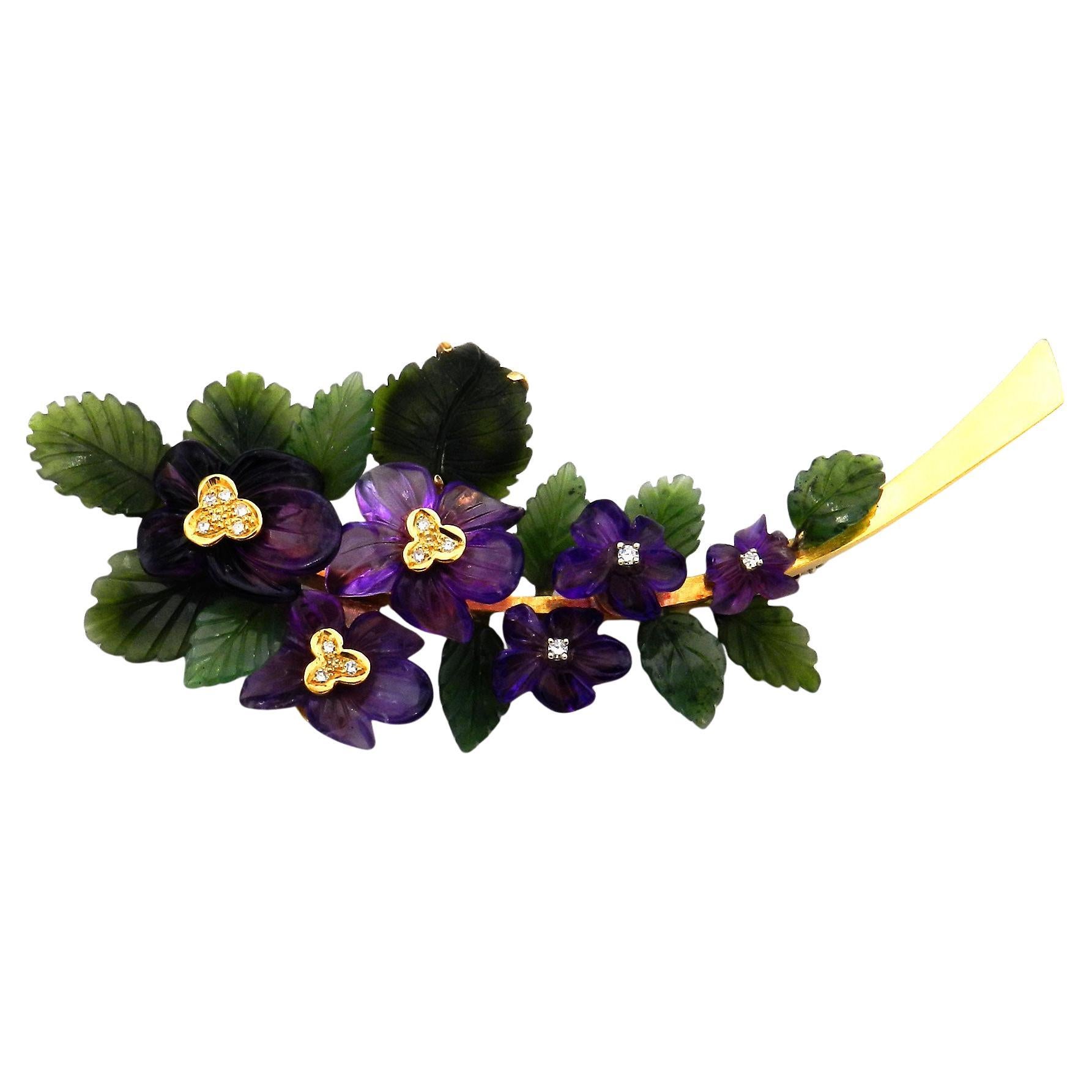 Amethyst Diamond Jade 14K Gold Violet Flower Brooch circa 1960