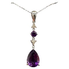 Collier Améthyste Diamant Or Blanc 10K Coupe Poire 10x7mm Nouveau