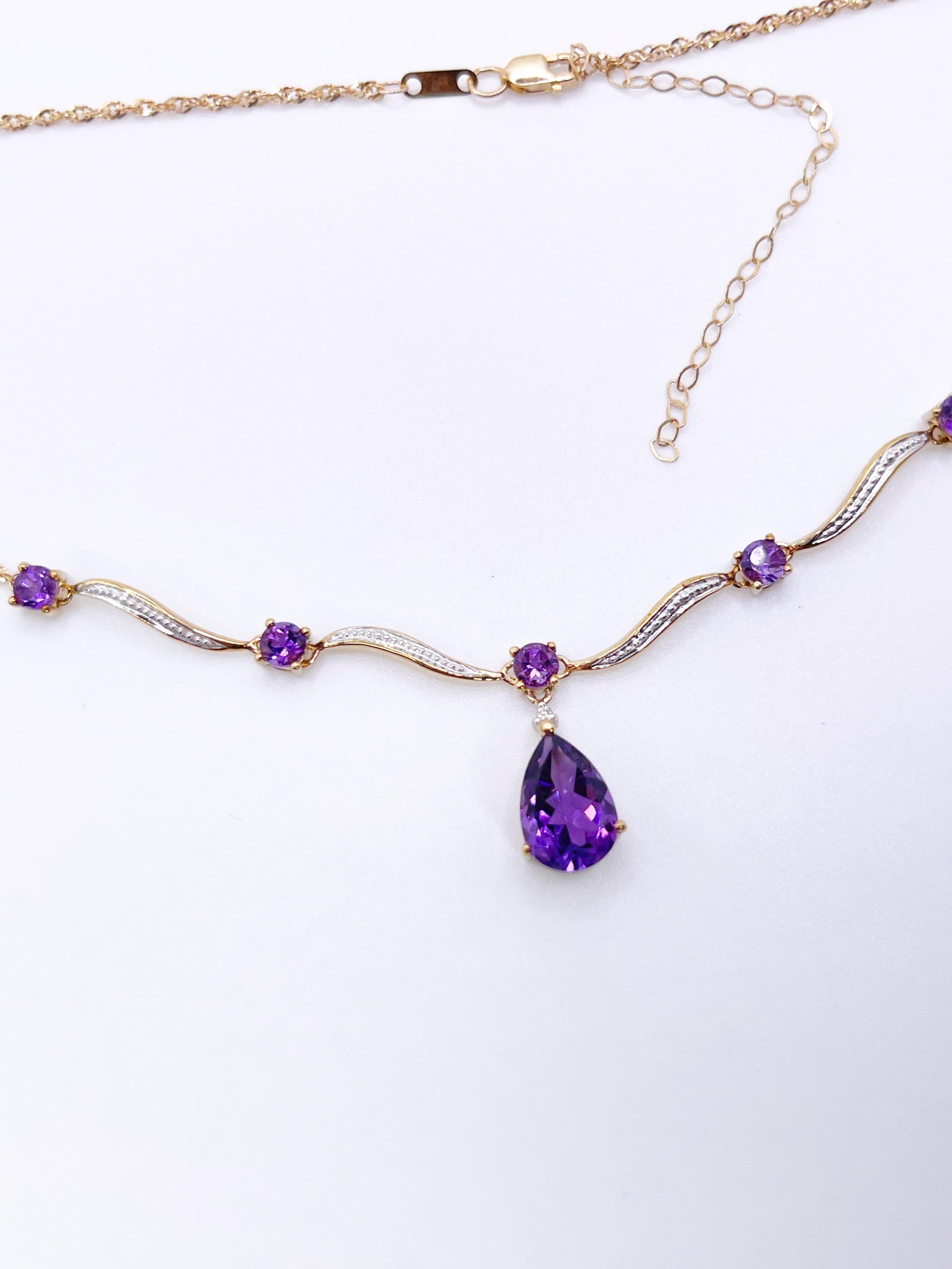 Contemporary Amethyst & Diamond Necklace 10KT Yellow Gold Cocktail Necklace drop necklace  For Sale
