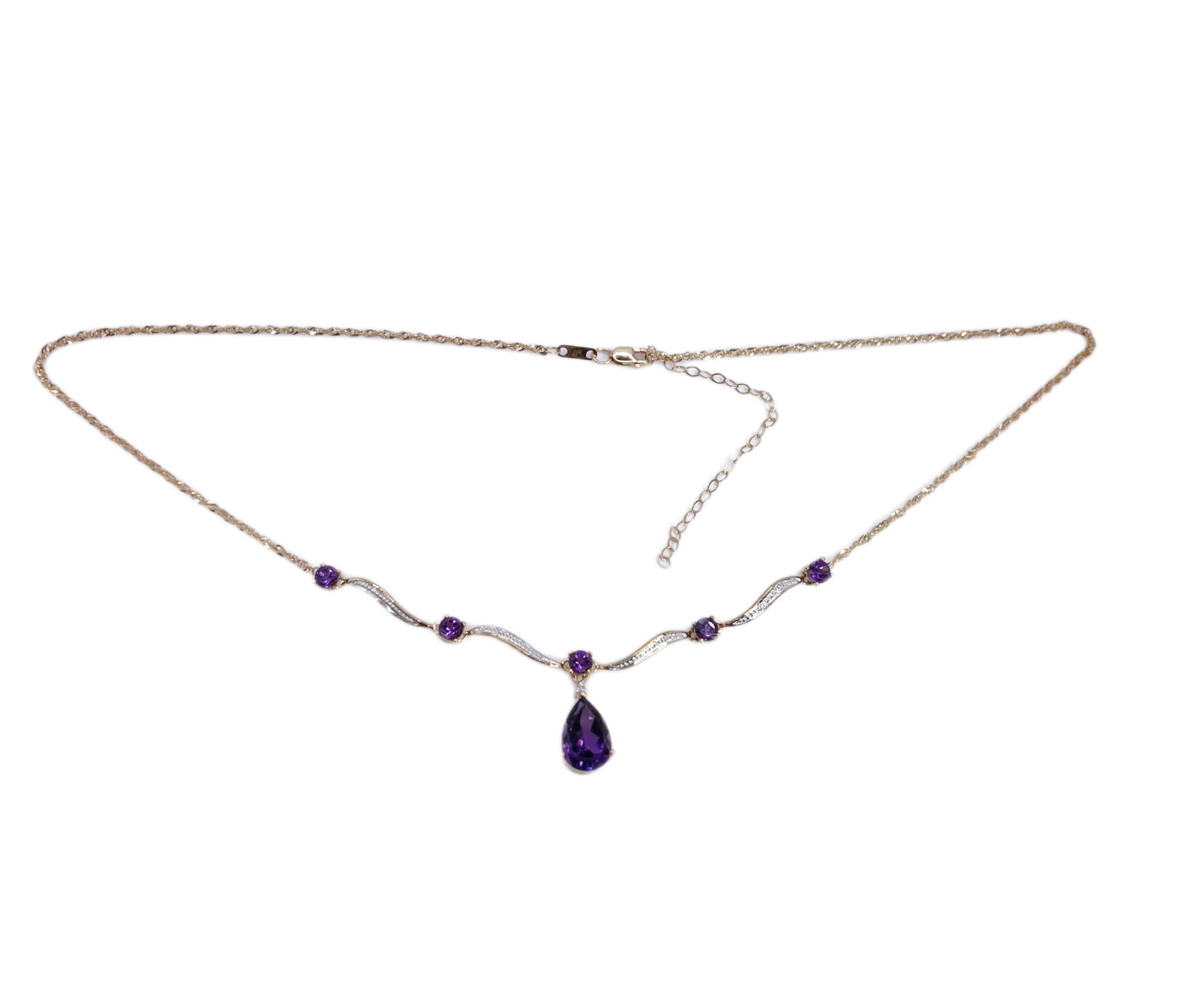 Brilliant Cut Amethyst & Diamond Necklace 10KT Yellow Gold Cocktail Necklace drop necklace  For Sale