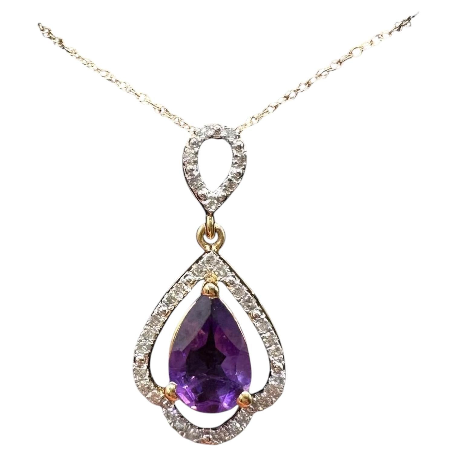 Collier en or jaune 10 carats avec diamants et améthystes, taille poire, 0,15 ct au total, 18 pouces, neuf