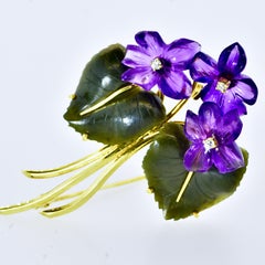 Amethyst, Diamond, Nephrite Jade and Gold Large Brooch, circa 1960