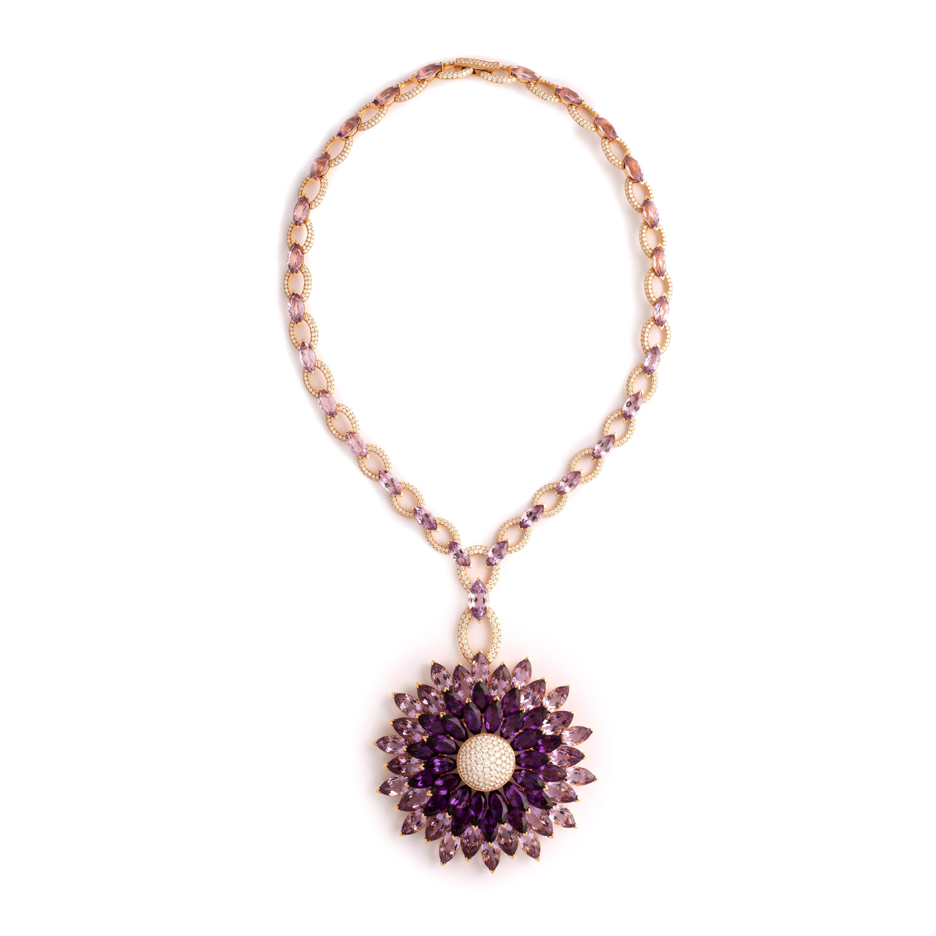 Round Cut Amethyst Diamond on Pink Gold Necklace