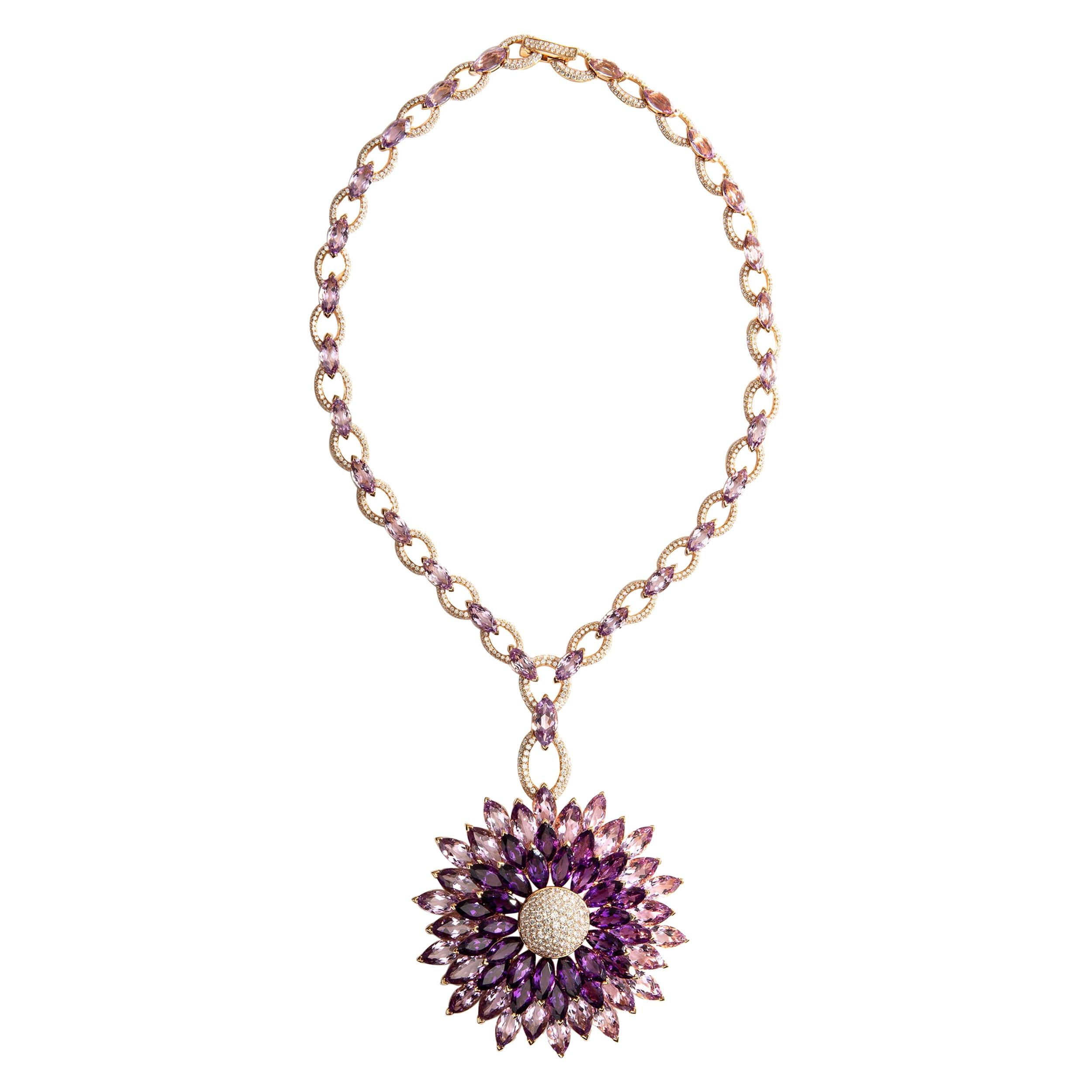 Amethyst Diamond on Pink Gold Necklace