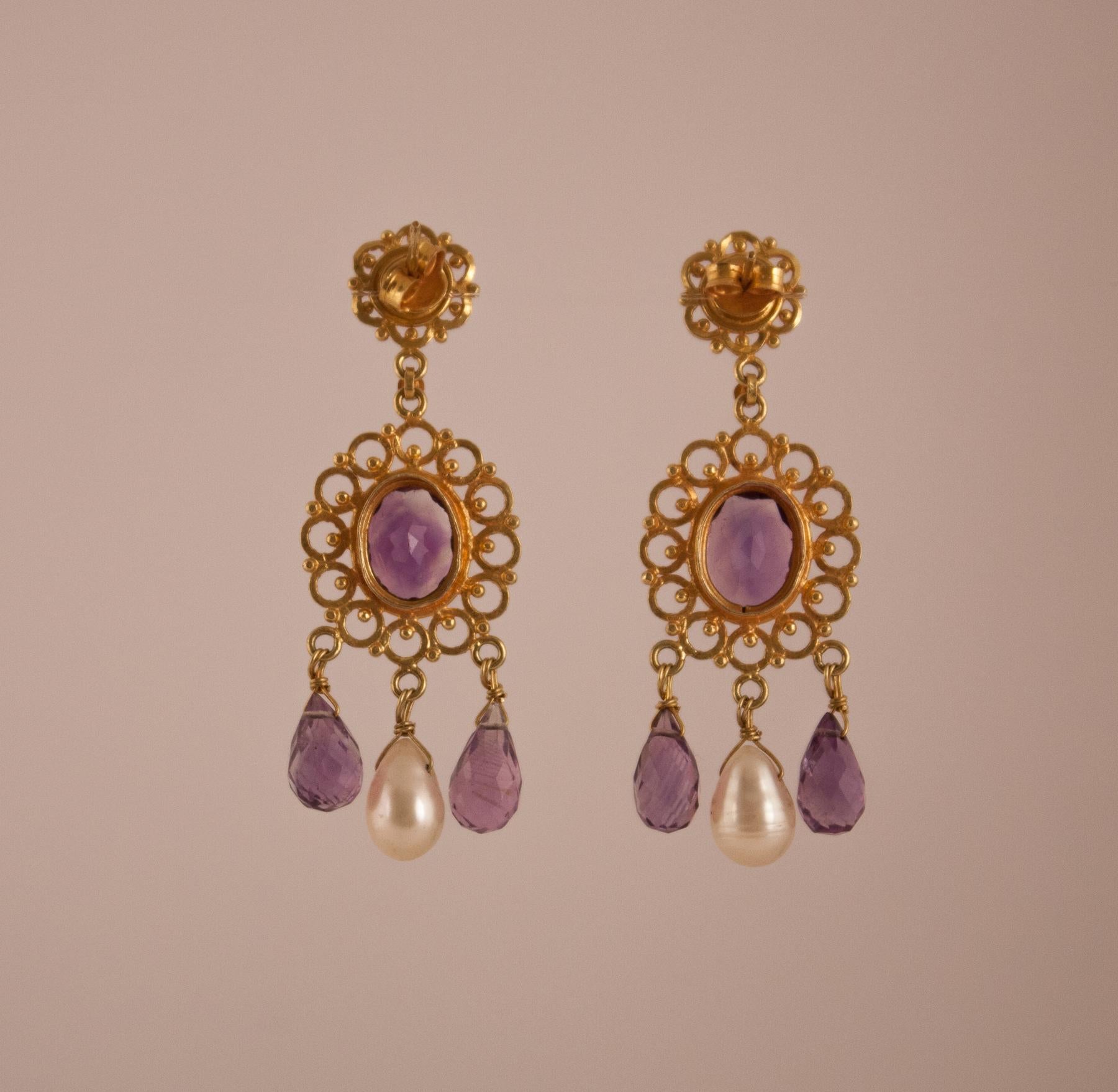 Victorian Amethyst Diamond Pearl 18 Karat Gold Dangle Earrings For Sale