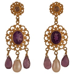 Vintage Amethyst Diamond Pearl 18 Karat Gold Dangle Earrings