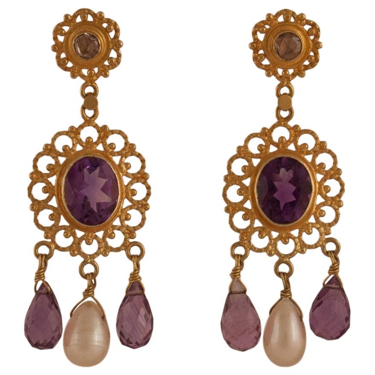 Amethyst Diamond Pearl 18 Karat Gold Dangle Earrings For Sale at 1stDibs