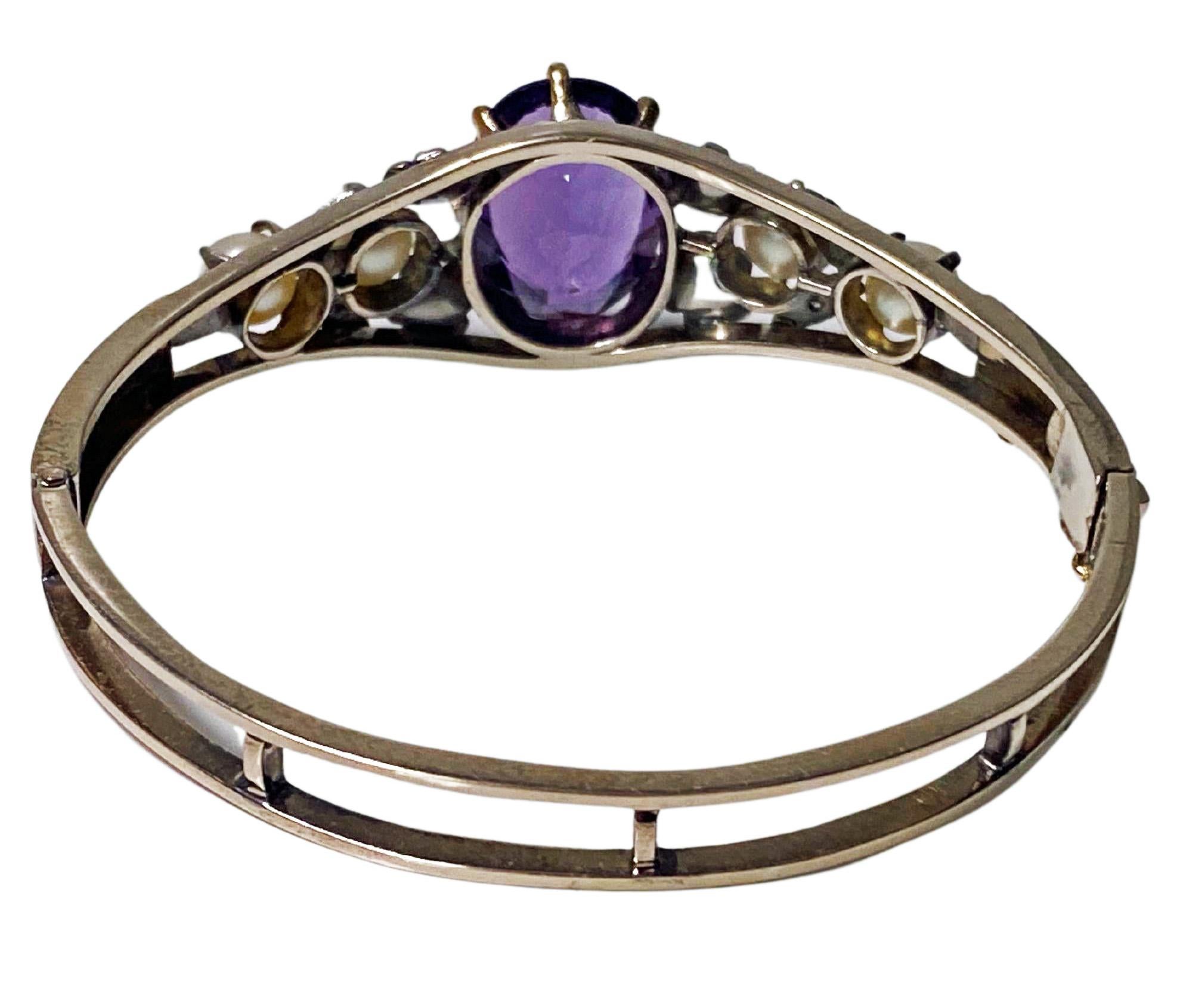 Amethyst Diamond Pearl Gold Bangle C.1930 In Good Condition In Toronto, ON