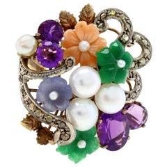 Amethyst Diamond Pearl Stones Gold Ring