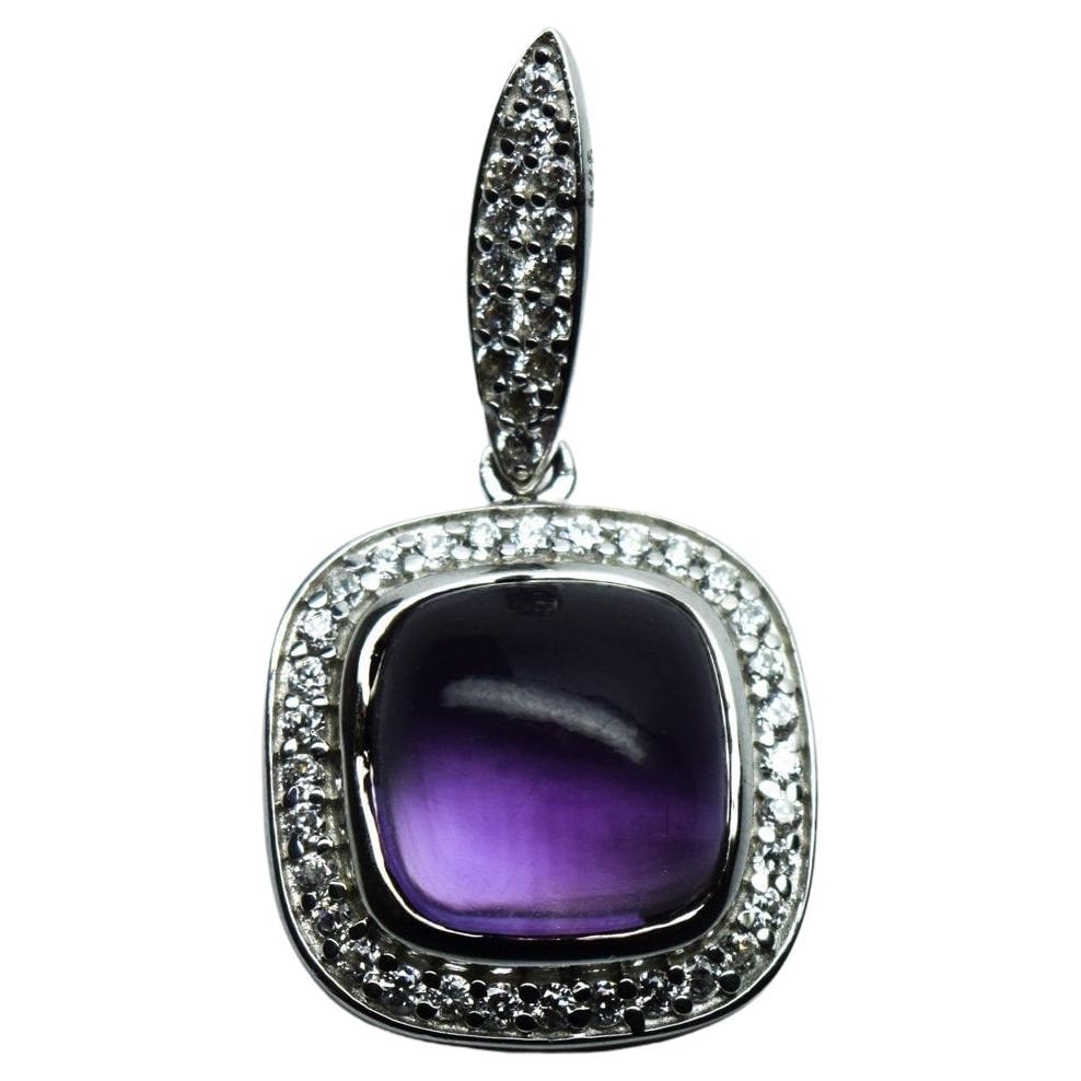Colgante amatista diamante Oro de 18 KT Colgante cabujón amatista cadena 18"