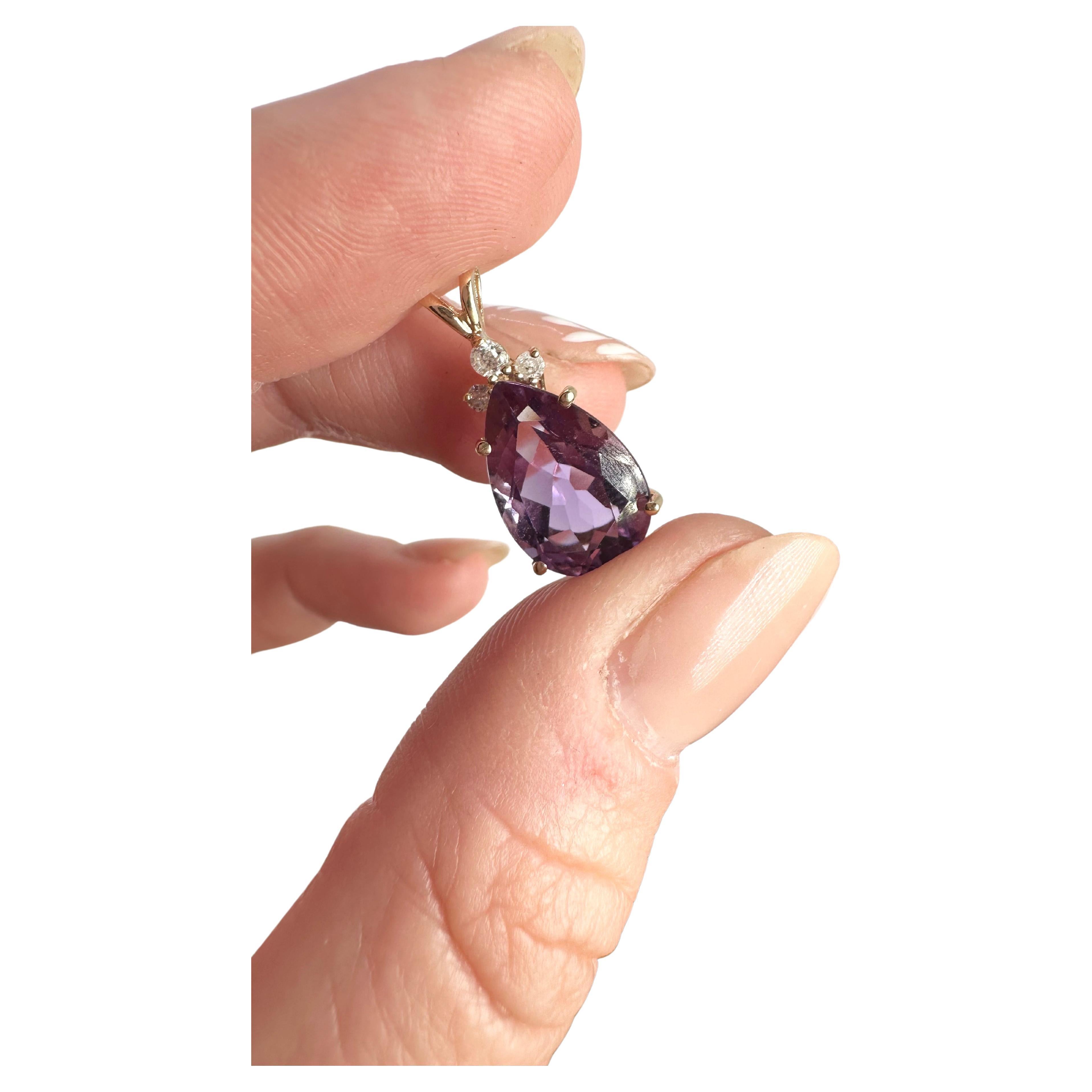 Simple, classy pendant necklace made with natural amethyst and diamonds in 14KT yellow gold!

GOLD: 14KT gold
NATURAL DIAMOND(S)
Clarity/Color: I/J
Carat:0.03ct
Cut:Round Brilliant
NATURAL AMETHYST (S)
Clarity:Slightly Included
Color: Purple