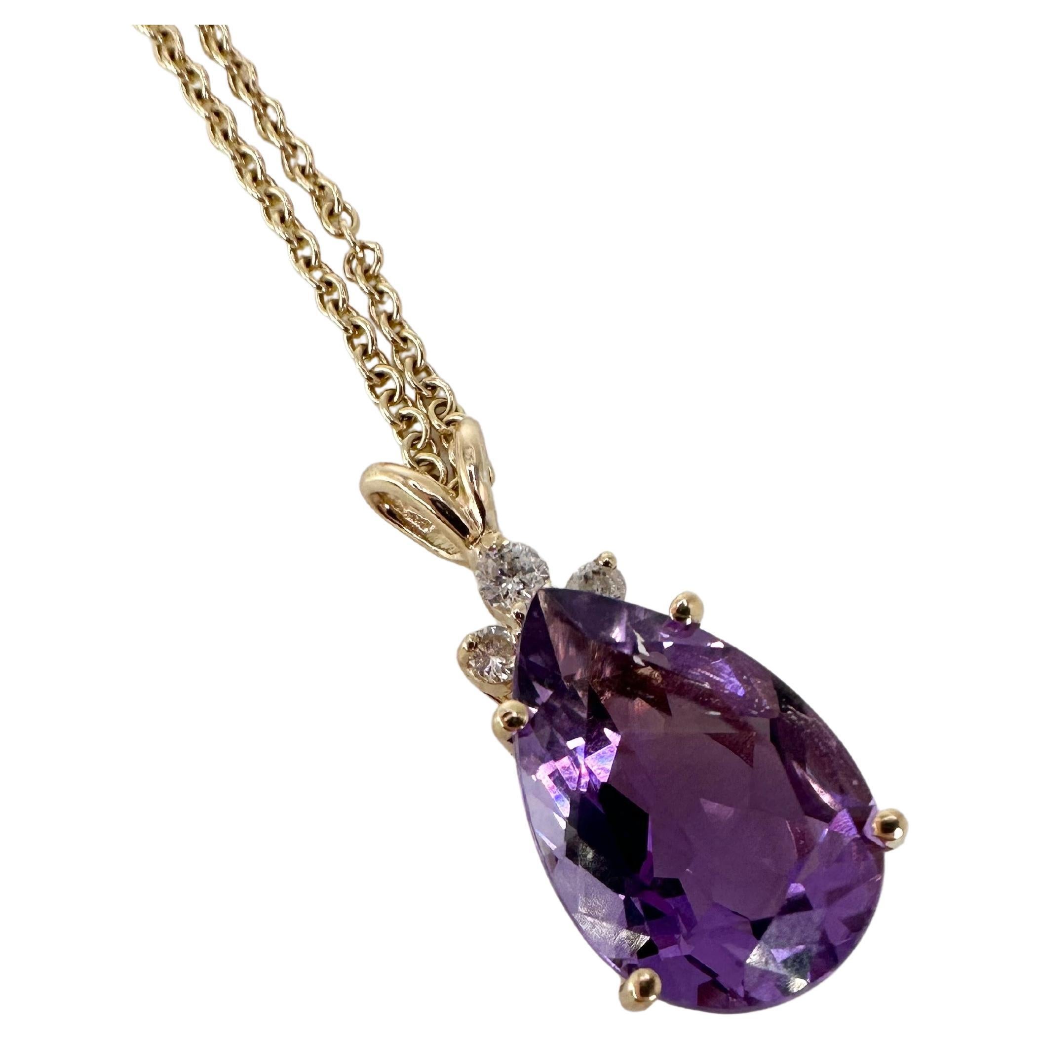 Amethyst Diamond Pendant Necklace 14 Karat Yellow Gold