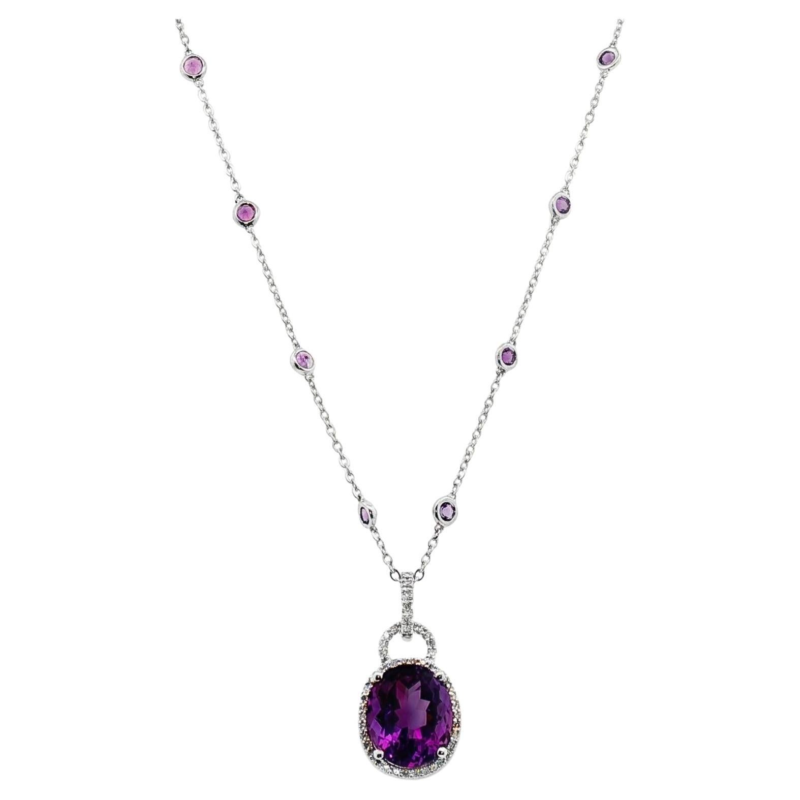 Collar de amatista con diamantes y estación de amatista engastada en bisel 14KWG