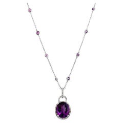 Amethyst Diamond Pendant with Bezel Set Amethyst Station 14KWG Necklace