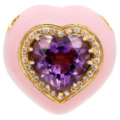 Vintage Amethyst, Diamond Pink Enamel 18 Carat Yellow Gold Heart Pendant