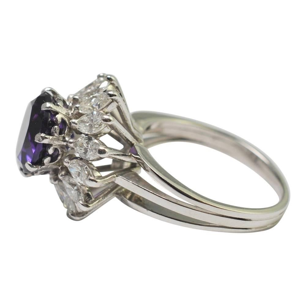 Amethyst Diamond Platinum Cluster Ring In Excellent Condition For Sale In ALTRINCHAM, GB