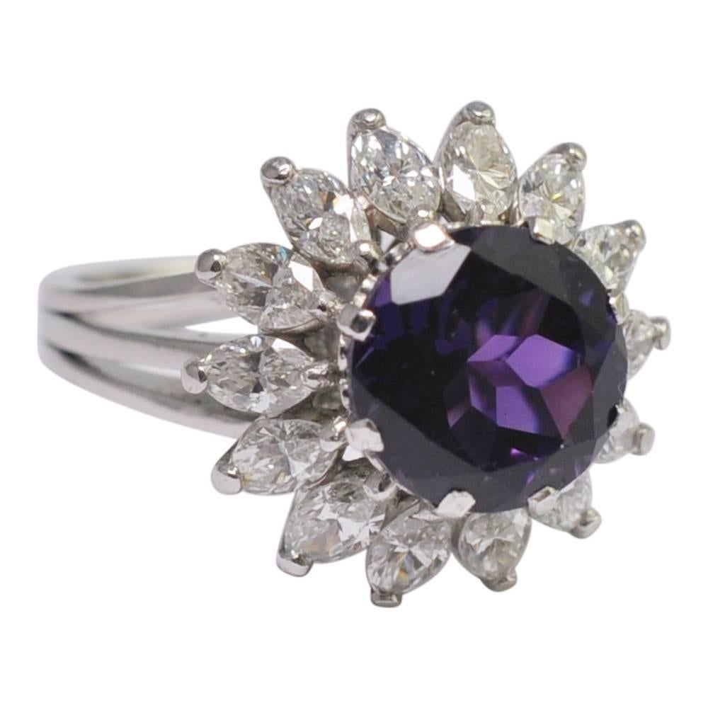 Amethyst Diamond Platinum Cluster Ring For Sale 1