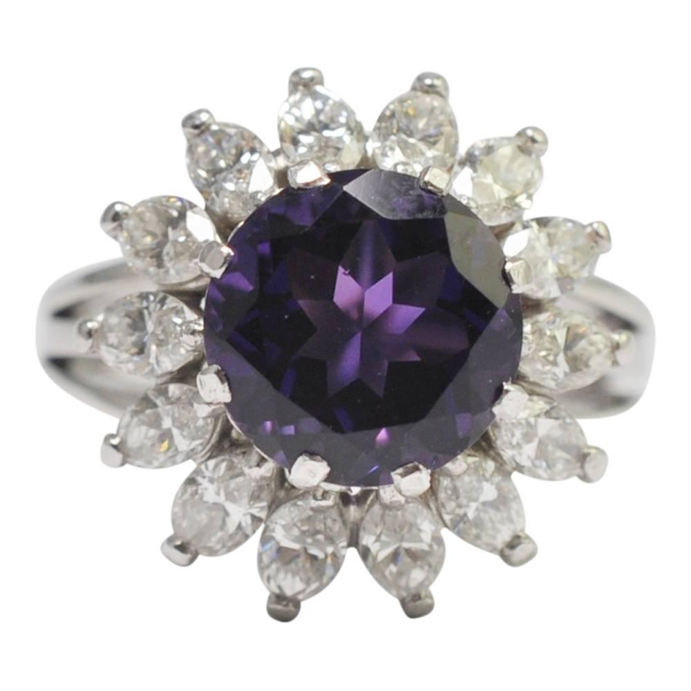 Amethyst Diamond Platinum Cluster Ring For Sale