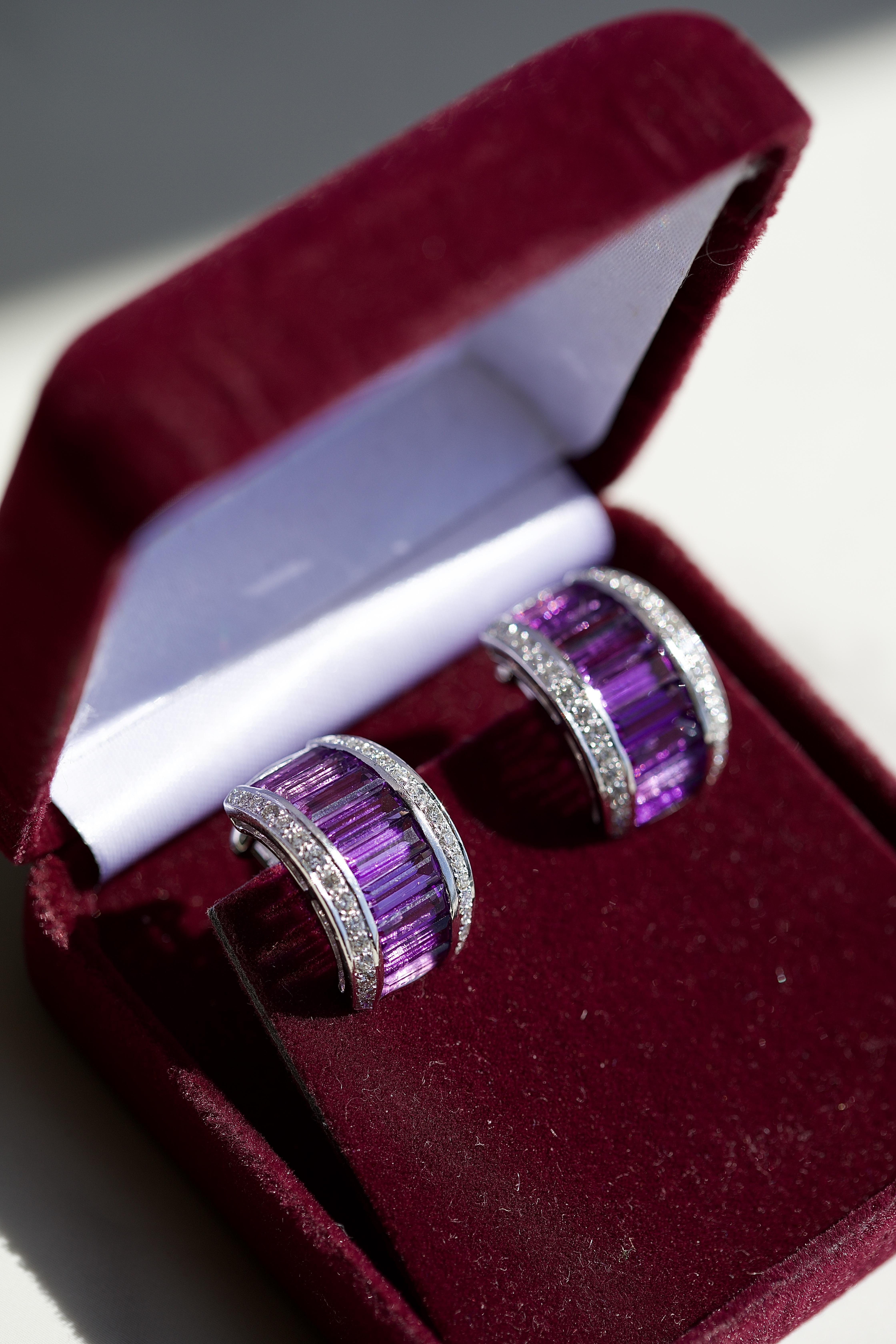 Amethyst Diamond Platinum & Gold Earrings In Excellent Condition For Sale In Beverly Hills, CA