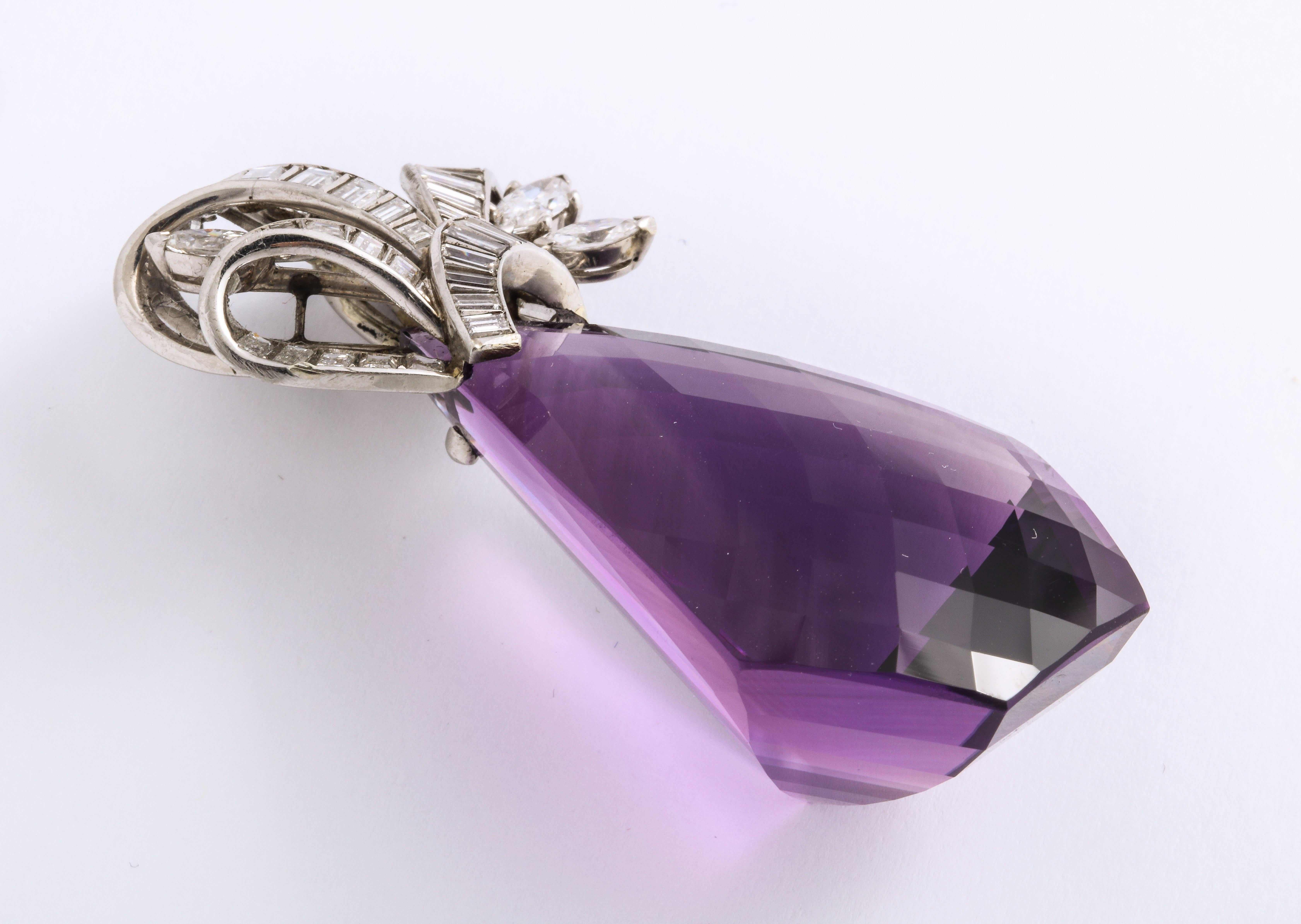 Baguette Cut Amethyst Diamond Platinum Slide Pendant For Sale