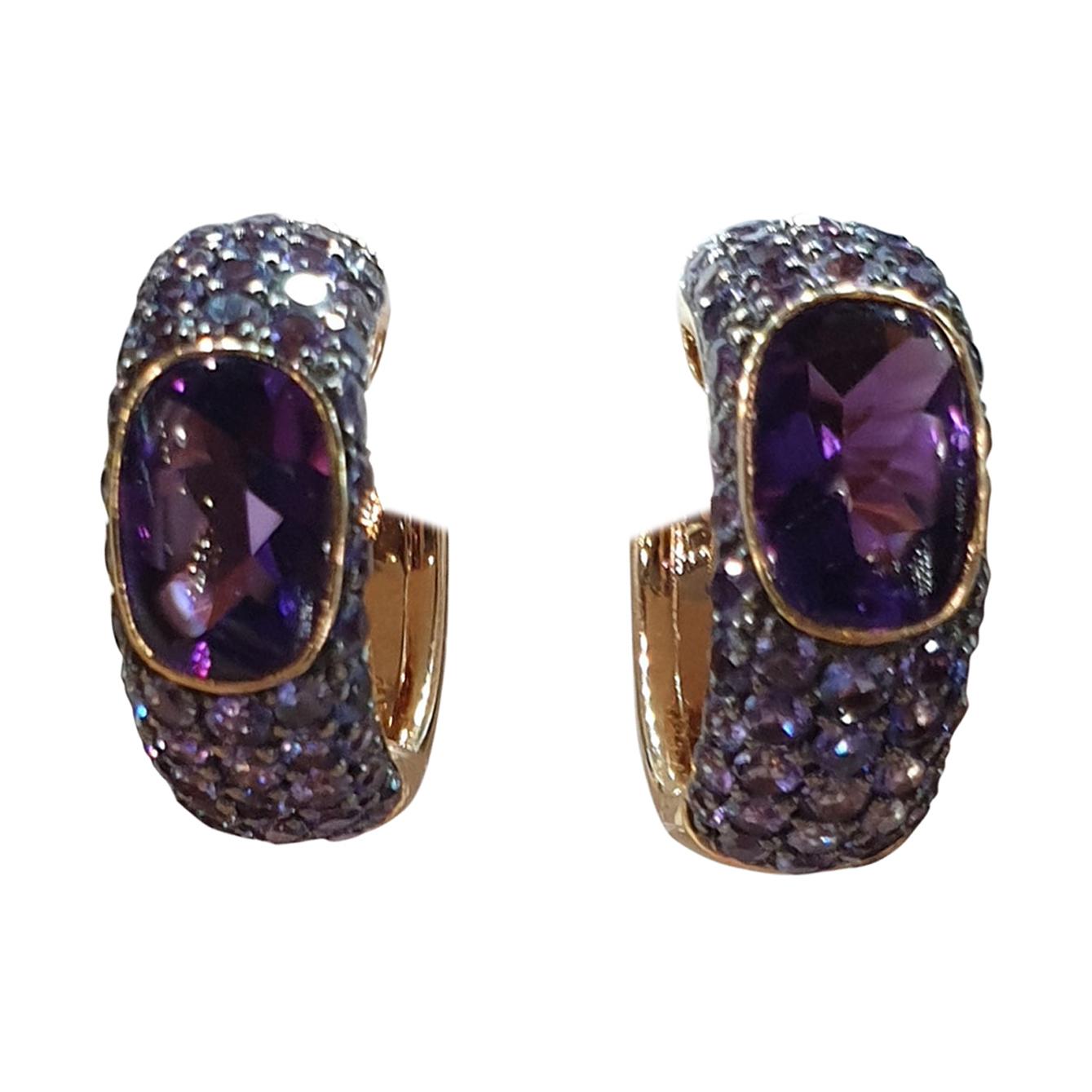 Boucles d'oreilles à levier en or 18 carats avec améthyste, diamant, saphir violet et or 18 carats