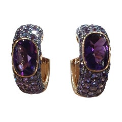 Boucles d'oreilles à levier en or 18 carats avec améthyste, diamant, saphir violet et or 18 carats