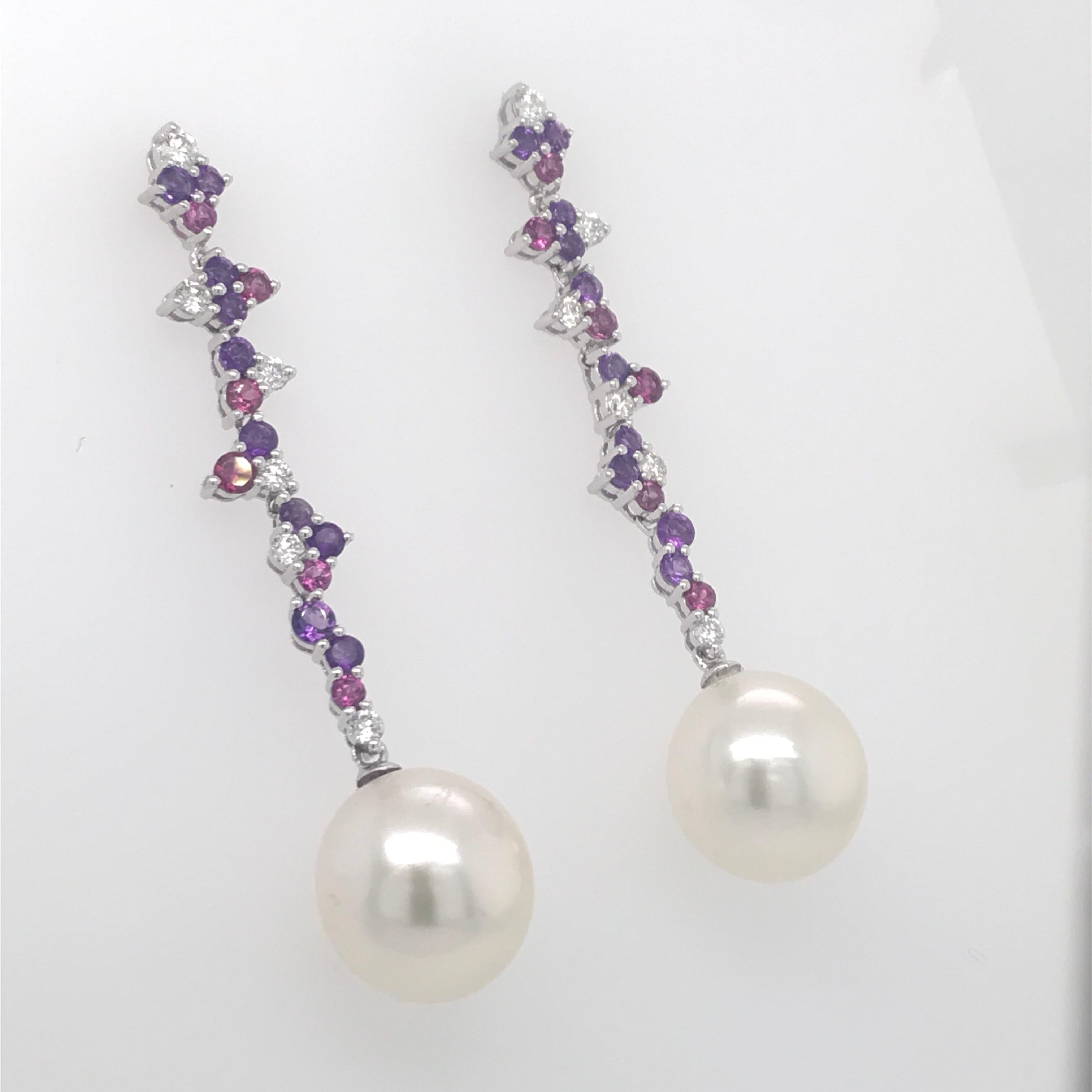 Women's Amethyst Diamond Rhodonite Pearl Earrings 3.10 Carat 18 Karat For Sale