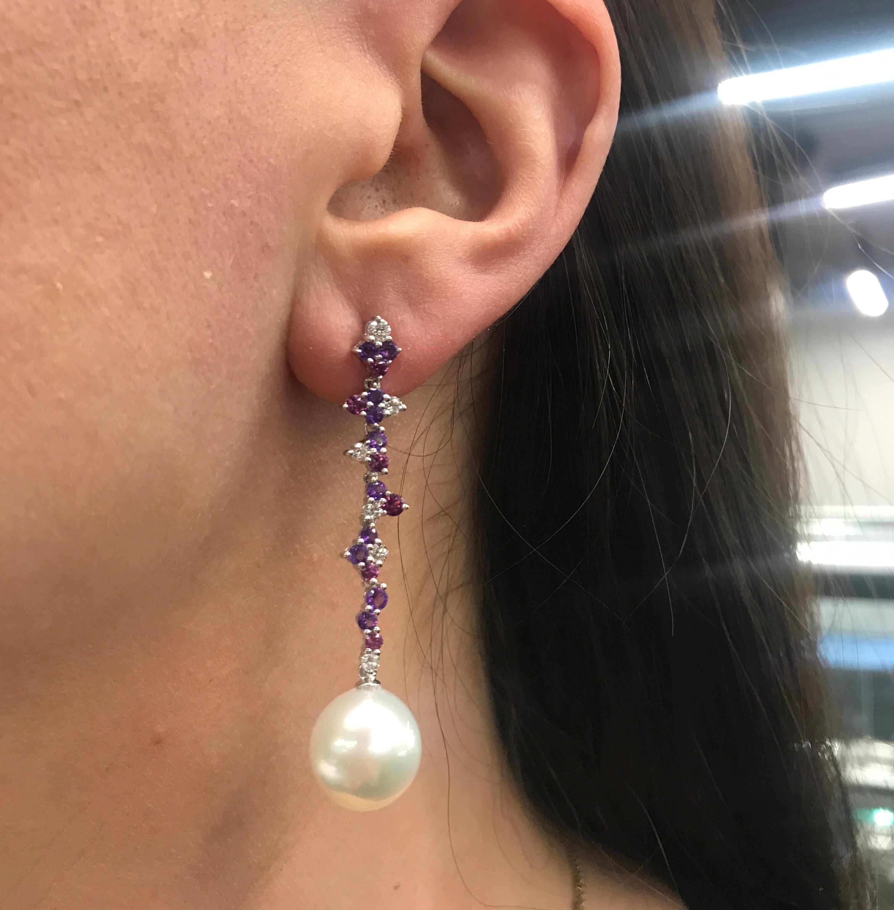 Amethyst Diamond Rhodonite Pearl Earrings 3.10 Carat 18 Karat For Sale 1