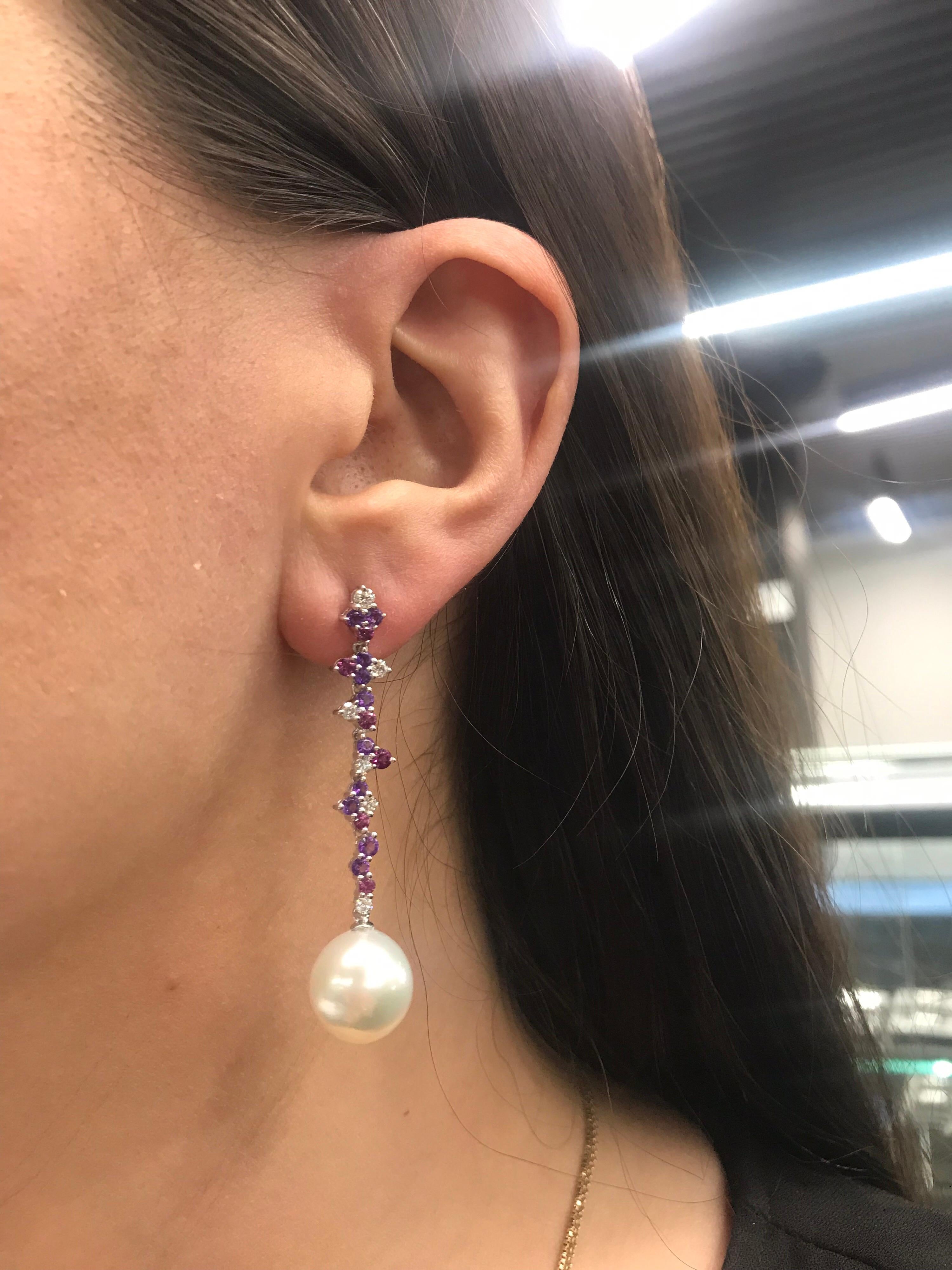 Amethyst Diamond Rhodonite Pearl Earrings 3.10 Carat 18 Karat For Sale 2