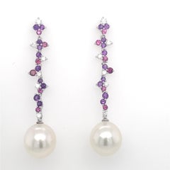 Amethyst Diamond Rhodonite Pearl Earrings 3.10 Carat 18 Karat