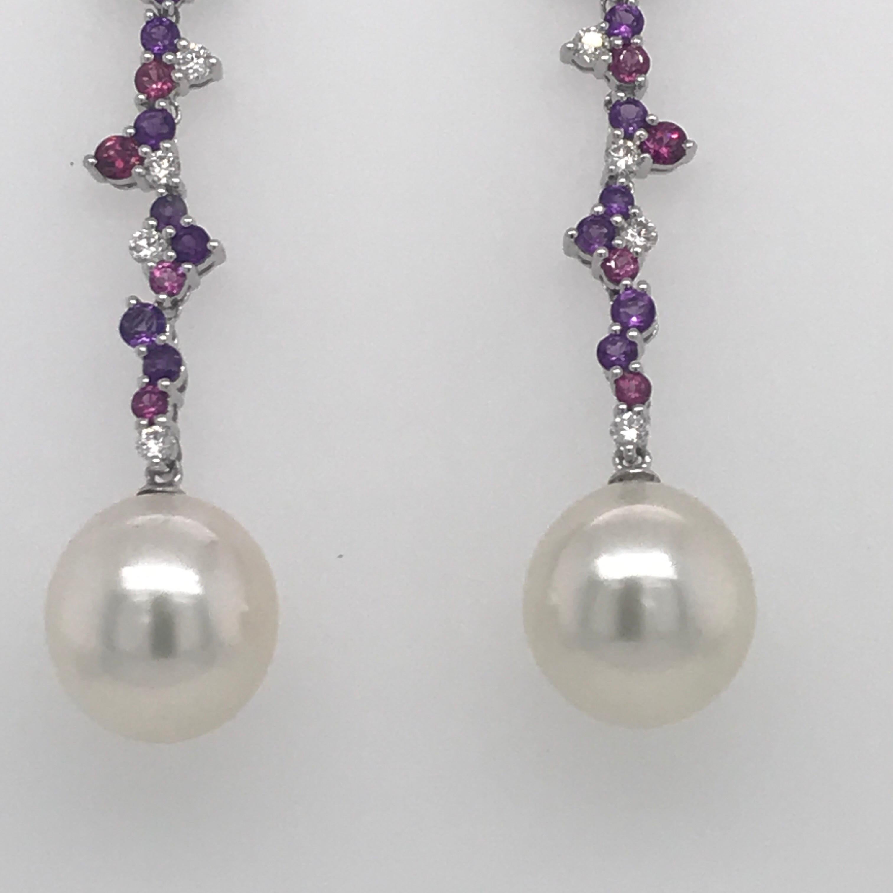 Contemporary Amethyst Diamond Rhodonite Pearl Earrings 3.10 Carat 18 Karat For Sale