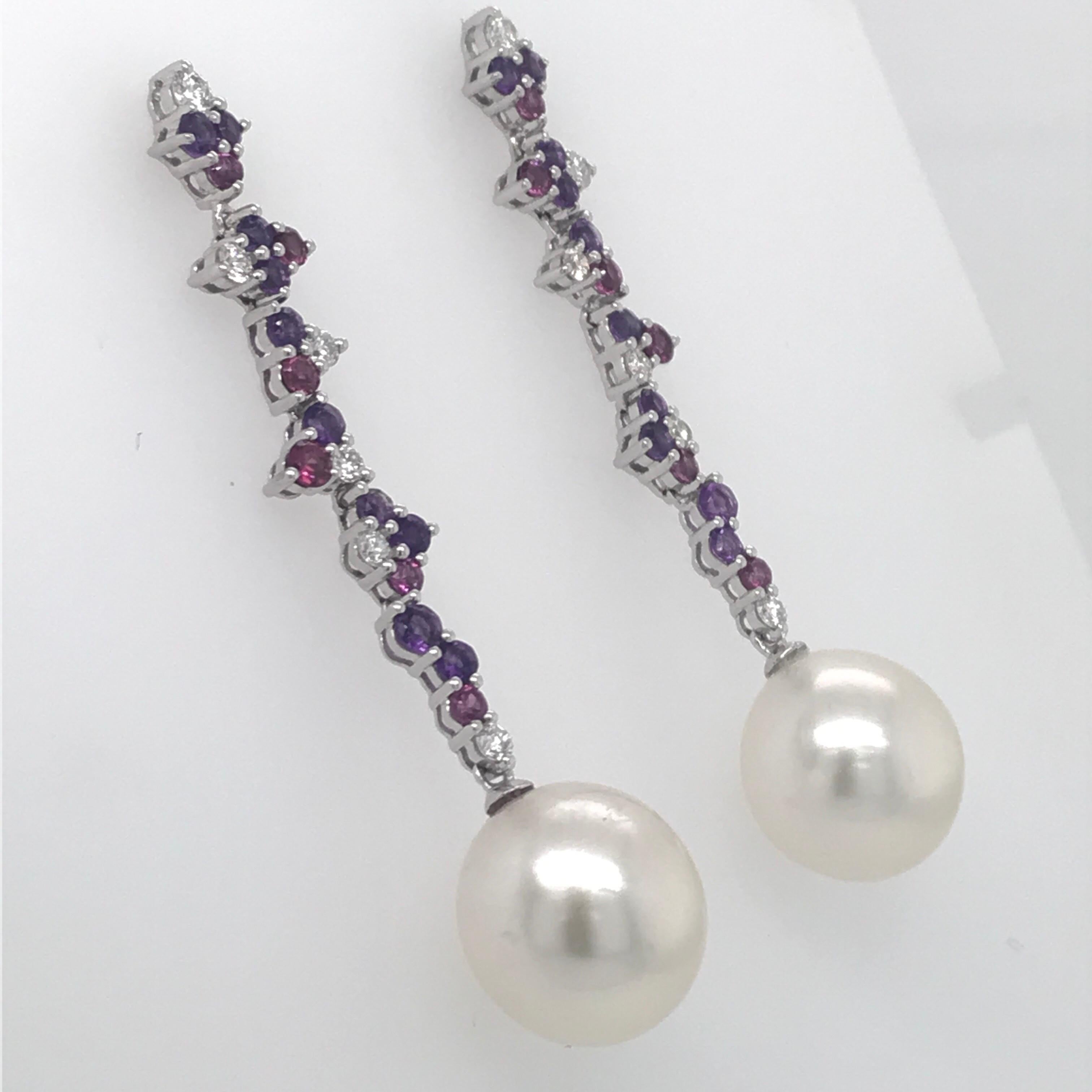 Amethyst Diamond Rhodonite Pearl Earrings 3.10 Carat 18 Karat In New Condition For Sale In New York, NY
