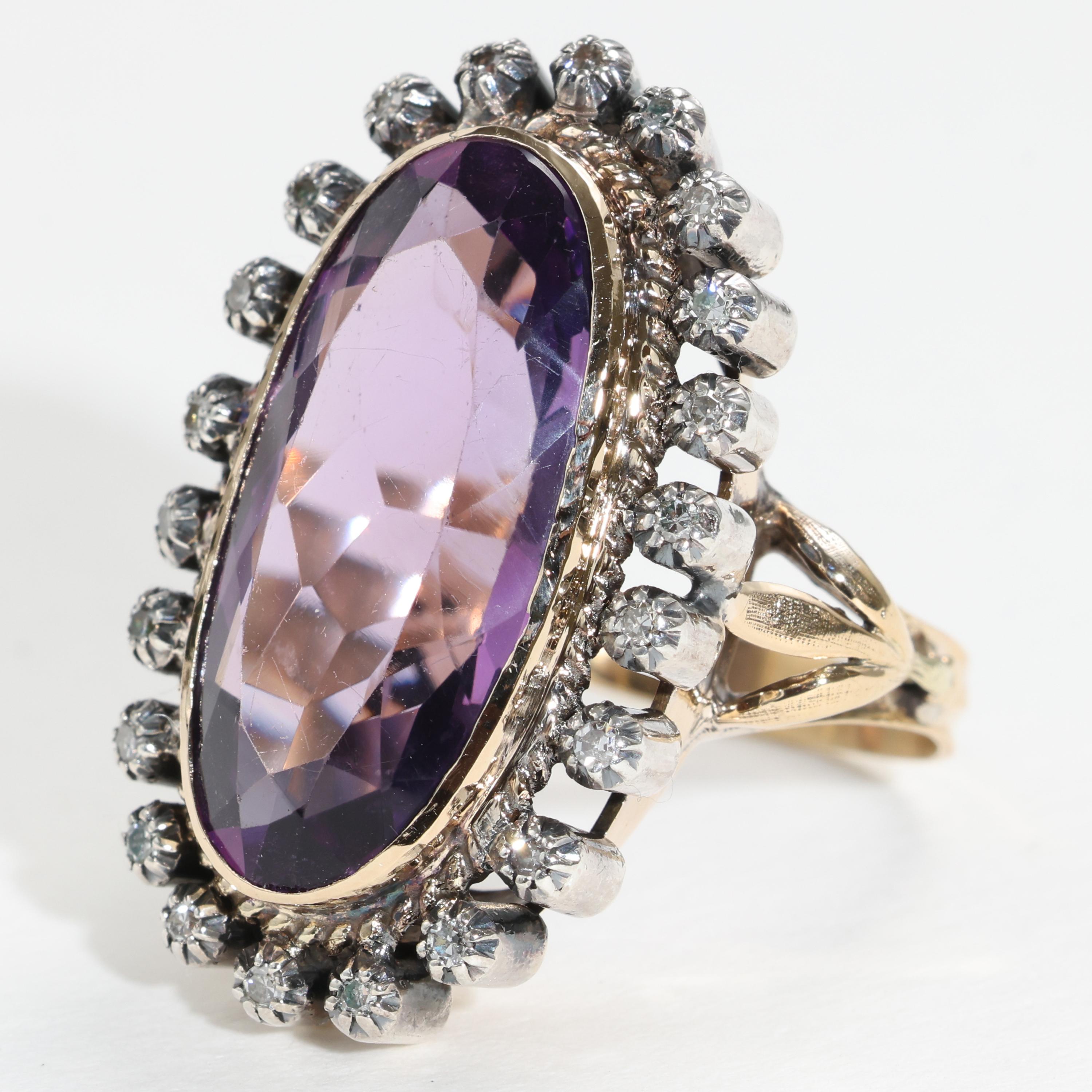 Oval Cut Amethyst & Diamond Ring 11 Carats, Victorian Circa 1890s Unisex For Sale