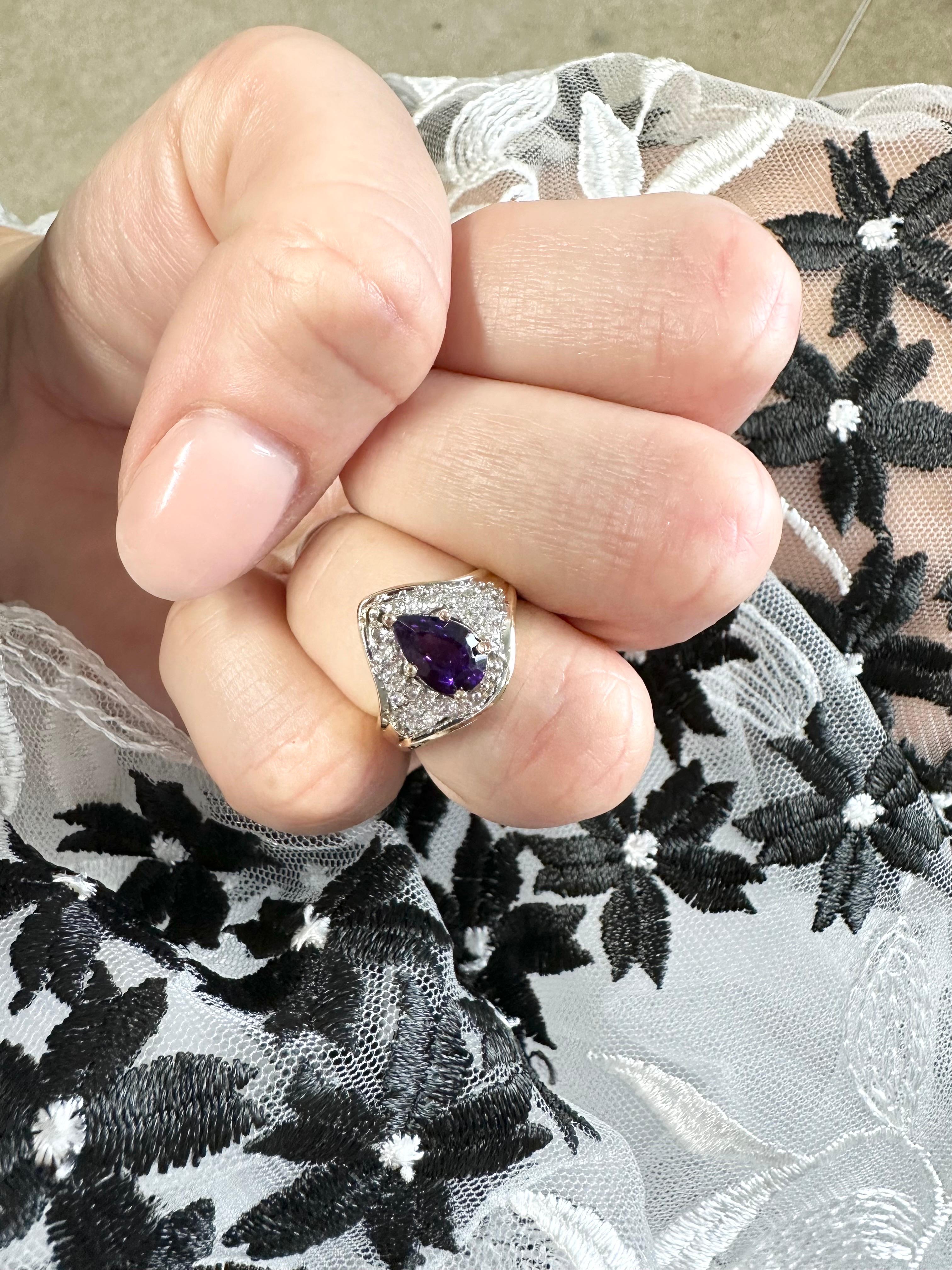 Amethyst Diamond Ring 14Karat Gold Cocktail Pave Set Ring For Sale 3