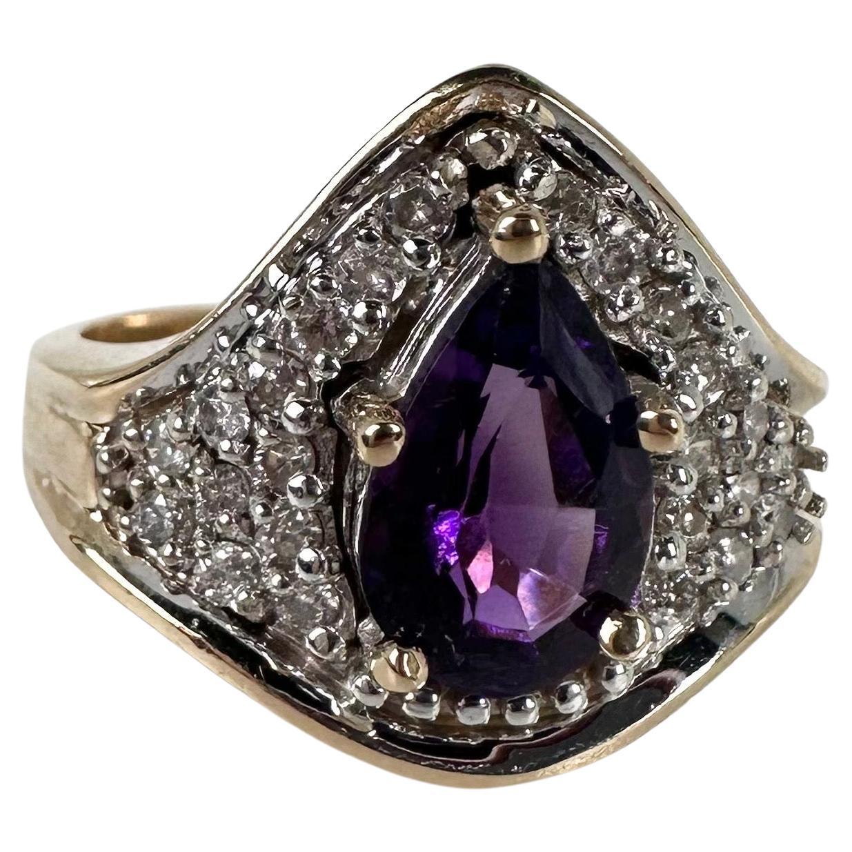 Amethyst Diamond Ring 14Karat Gold Cocktail Pave Set Ring For Sale