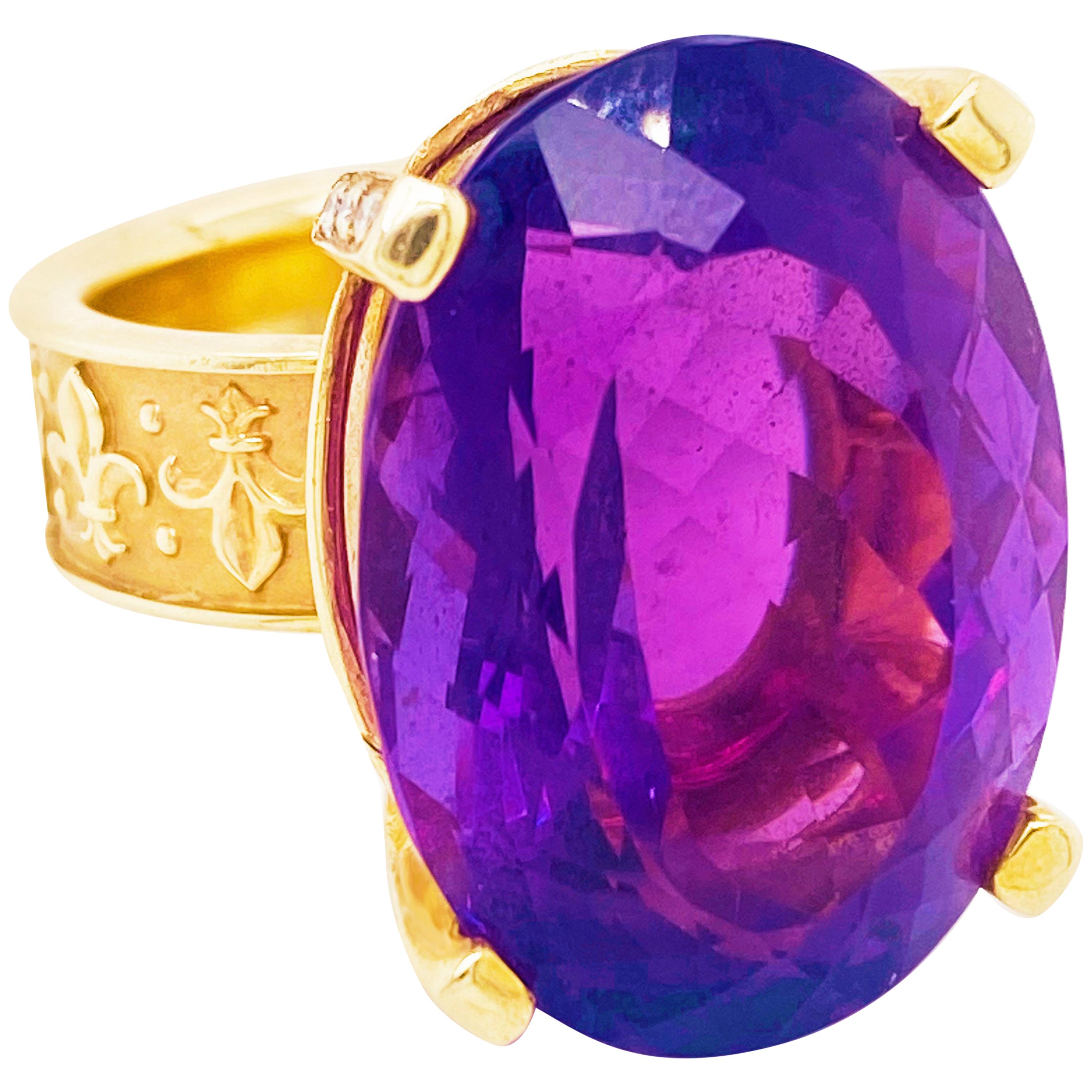 36 Carat Amethyst & Diamond Ring 18 Karat Gold Fleur De Lis Royal Purple