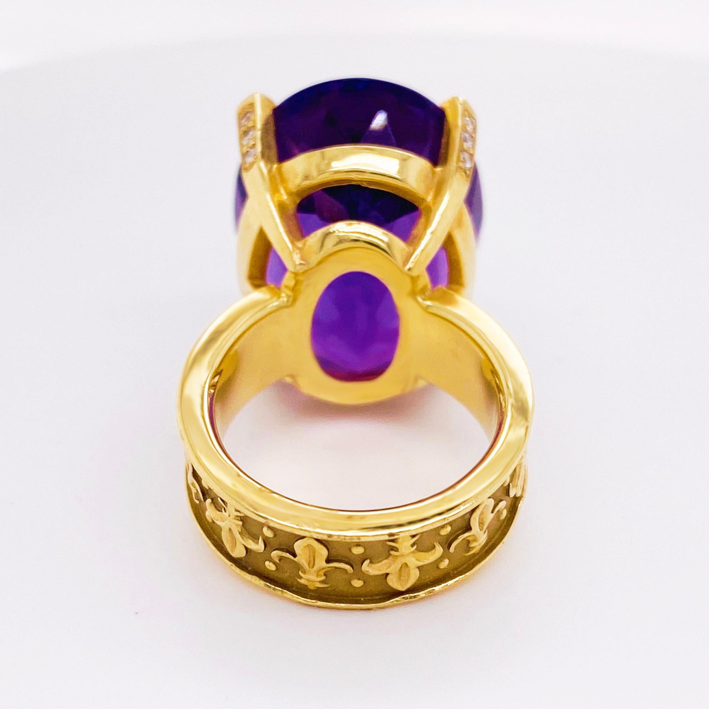 Anillo Amatista y Diamante 36 Quilates Oro 18 Kilates Flor de Lis Púrpura Real Talla XL en Nuevo estado para la venta en Austin, TX