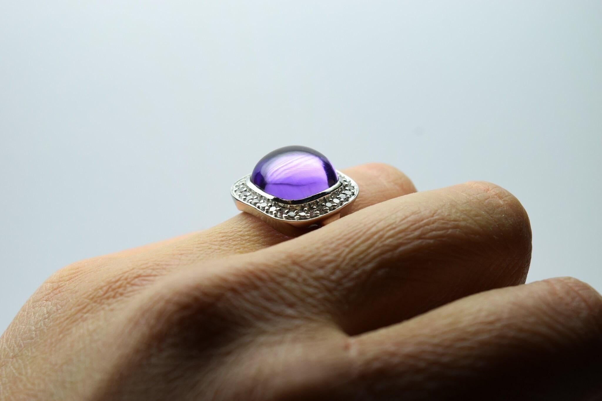 Cabochon Amethyst Diamond ring cocktail 14KT gold For Sale