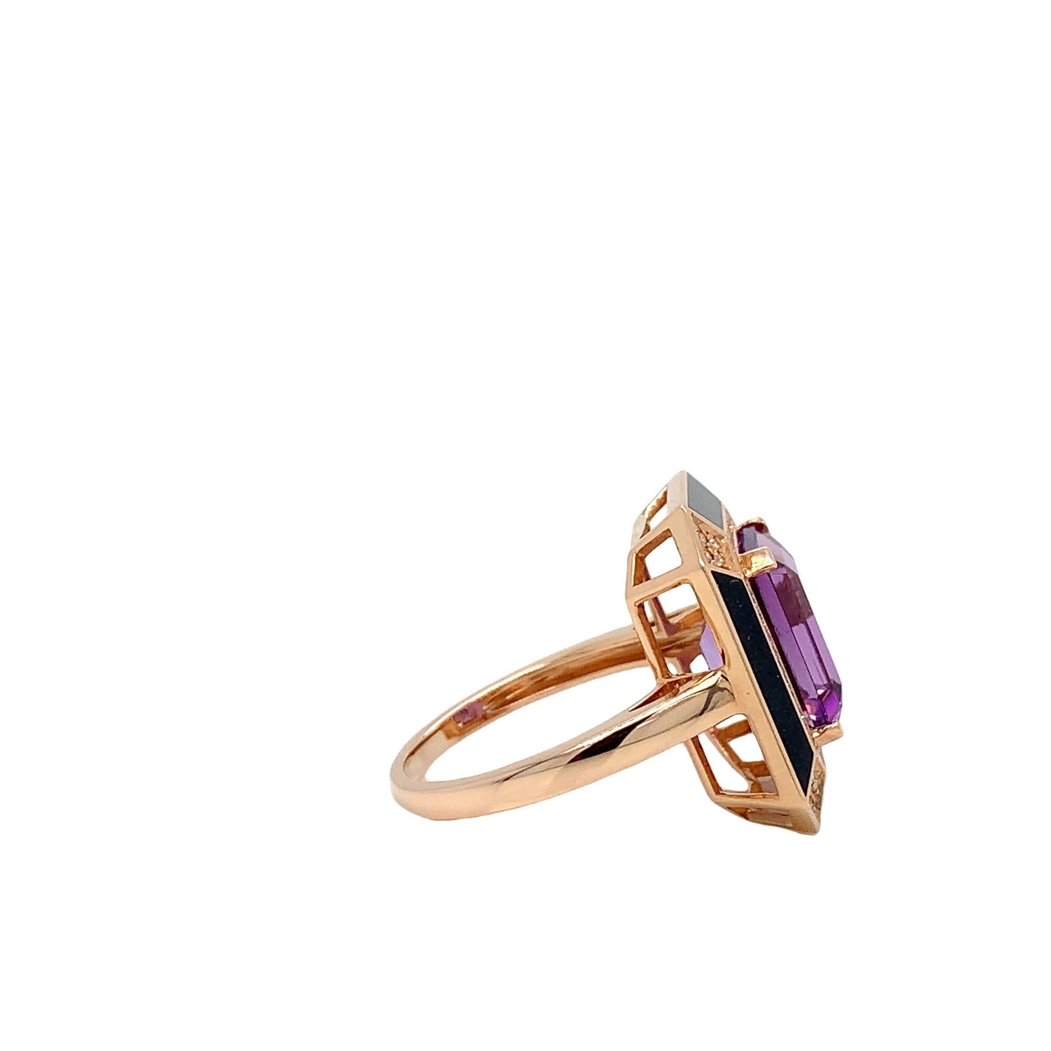 Contemporary RUCHI Amethyst and Diamond 18K Rose Gold Enamel Cocktail Ring For Sale