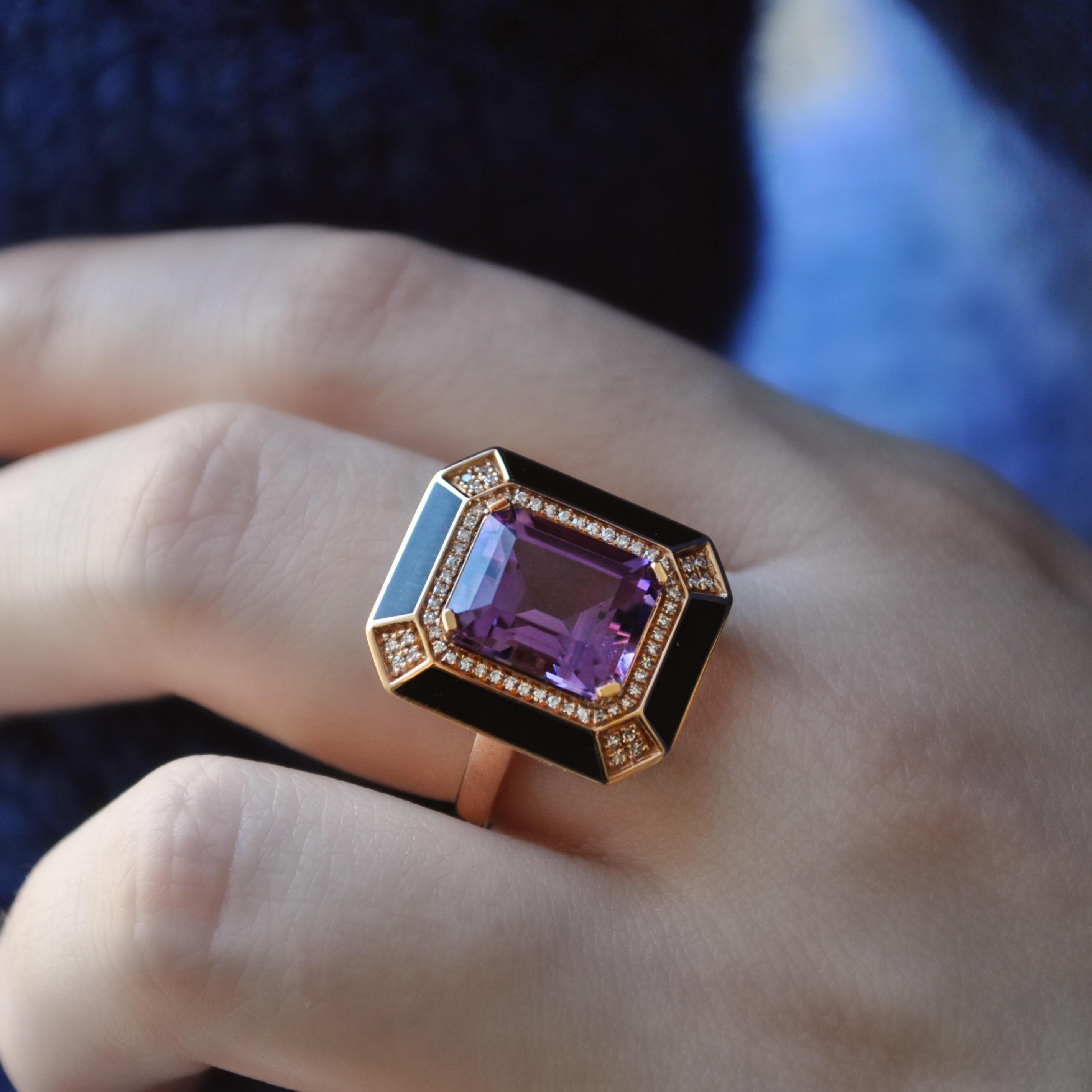 Mixed Cut RUCHI Amethyst and Diamond 18K Rose Gold Enamel Cocktail Ring For Sale