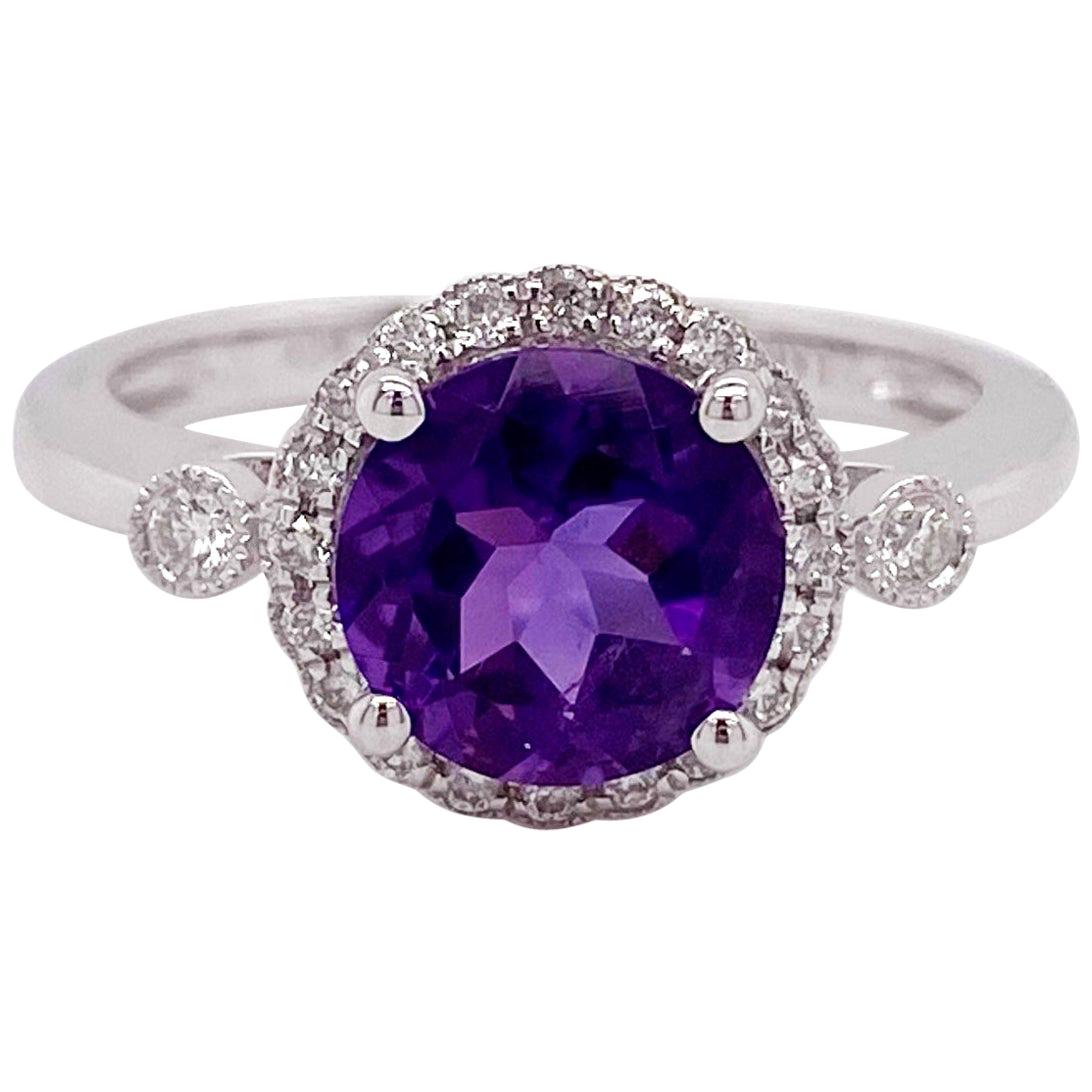 Bague de fiançailles en améthyste avec halo de diamants, rond, violet, 2,00 carats au total