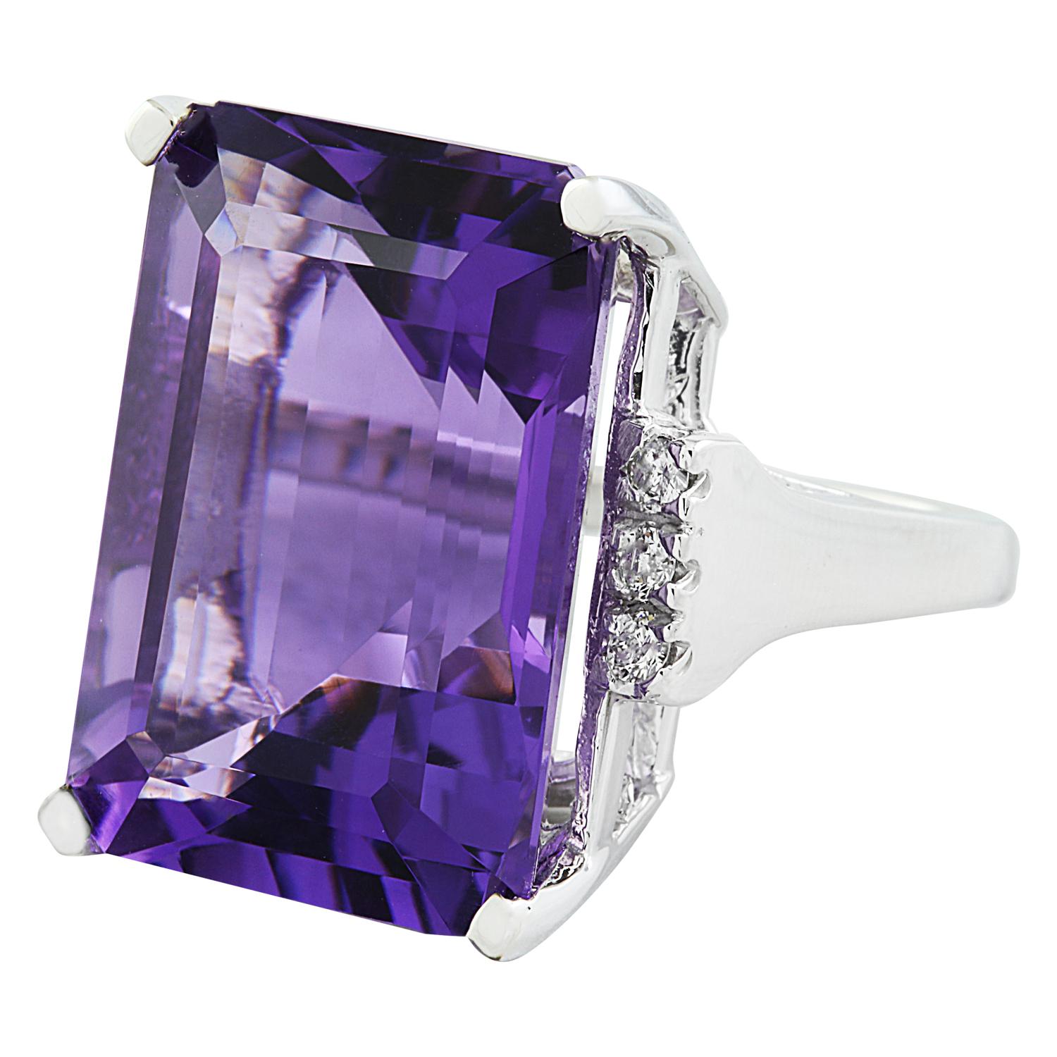 30.25 Carat Natural Amethyst 14 Karat Solid White Gold Diamond Ring
Stamped: 14K
Total Ring Weight: 11.7 Grams 
Amethyst Weight 30.00 Carat (22.00x16.00 Millimeters)
Diamond Weight: 0.25 Carat (F-G Color, VS2-SI1 Clarity )
Quantity: 6
Face Measures: