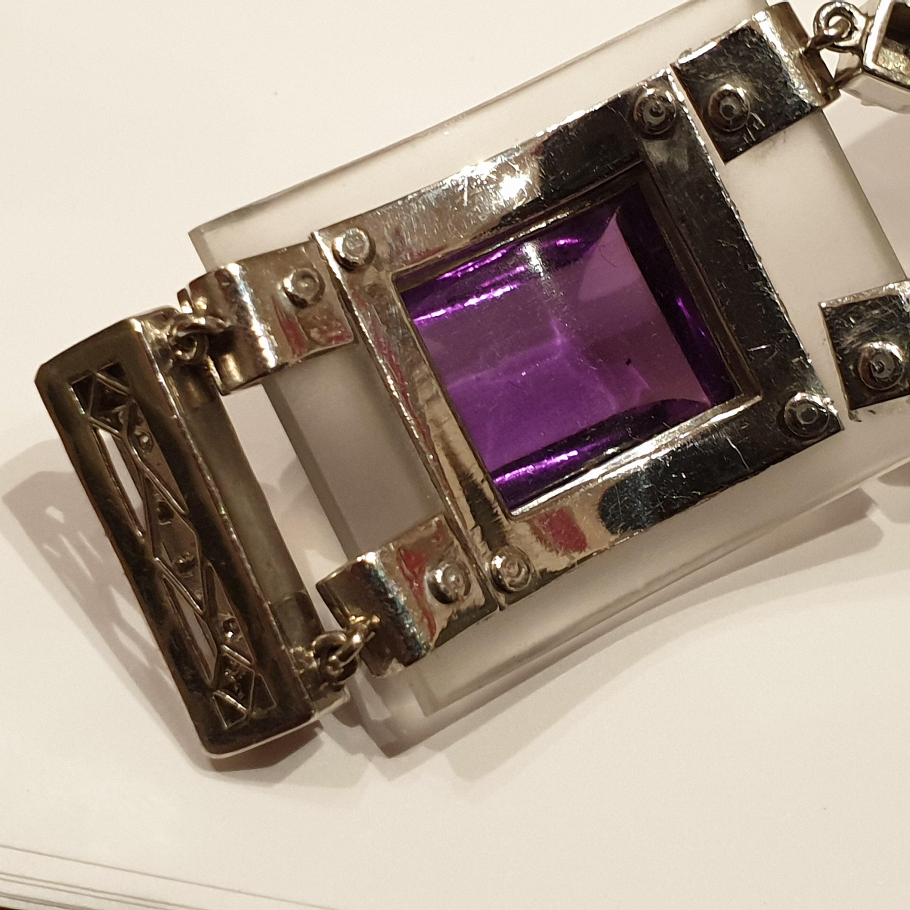  Amethyst Diamond Rock Crystal Onyx Platinum Bracelet In Excellent Condition For Sale In Berlin, DE