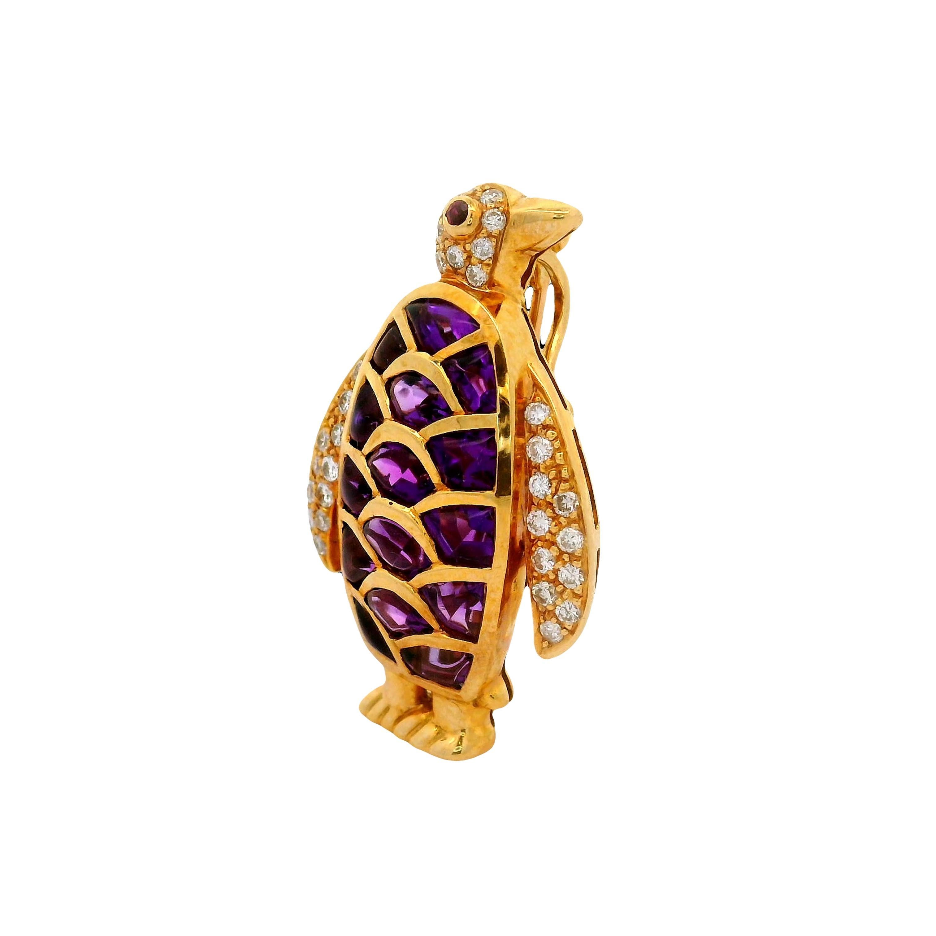 Brilliant Cut Amethyst Diamond Ruby 18K Yellow Gold Penguin Pendant Brooch For Sale