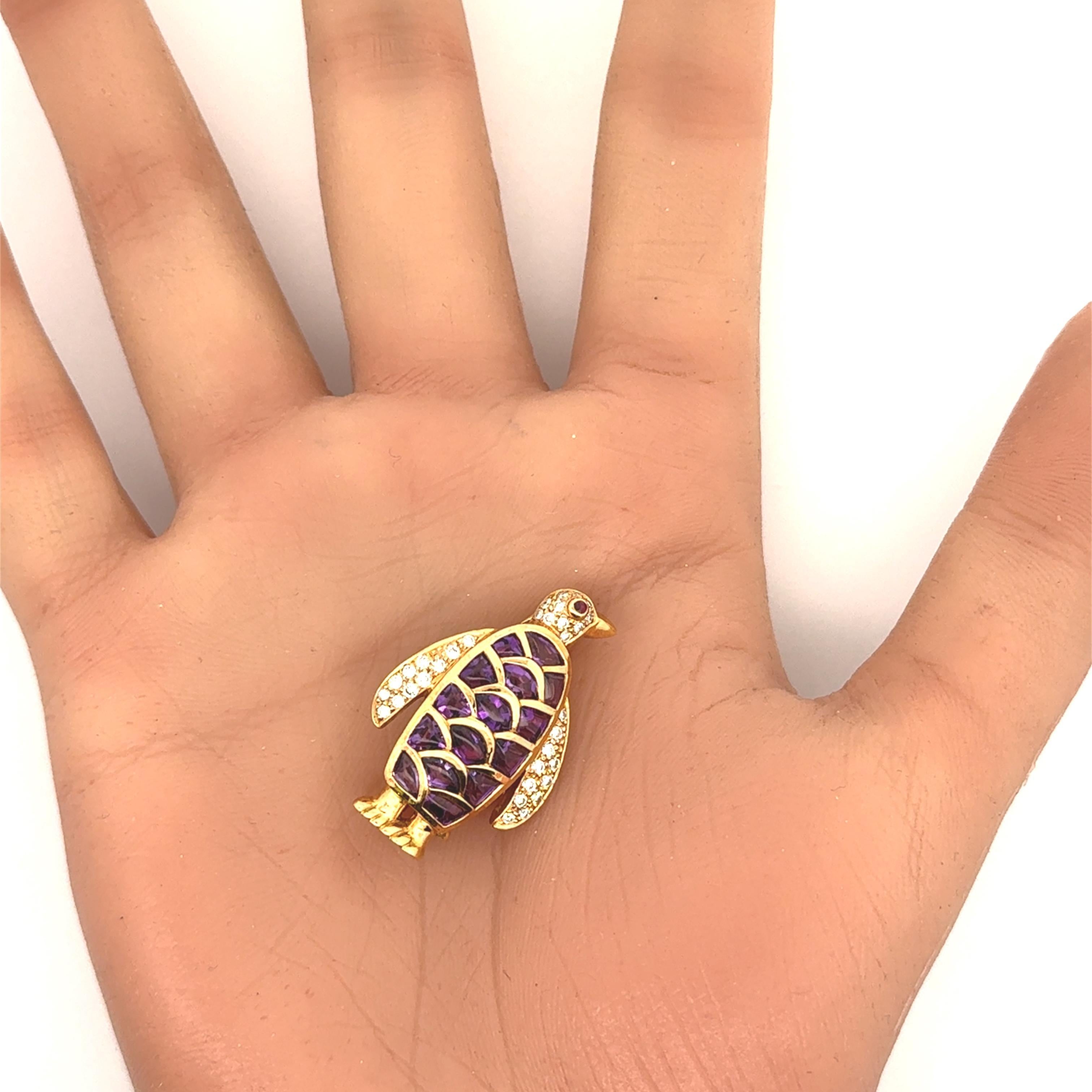 Women's Amethyst Diamond Ruby 18K Yellow Gold Penguin Pendant Brooch For Sale