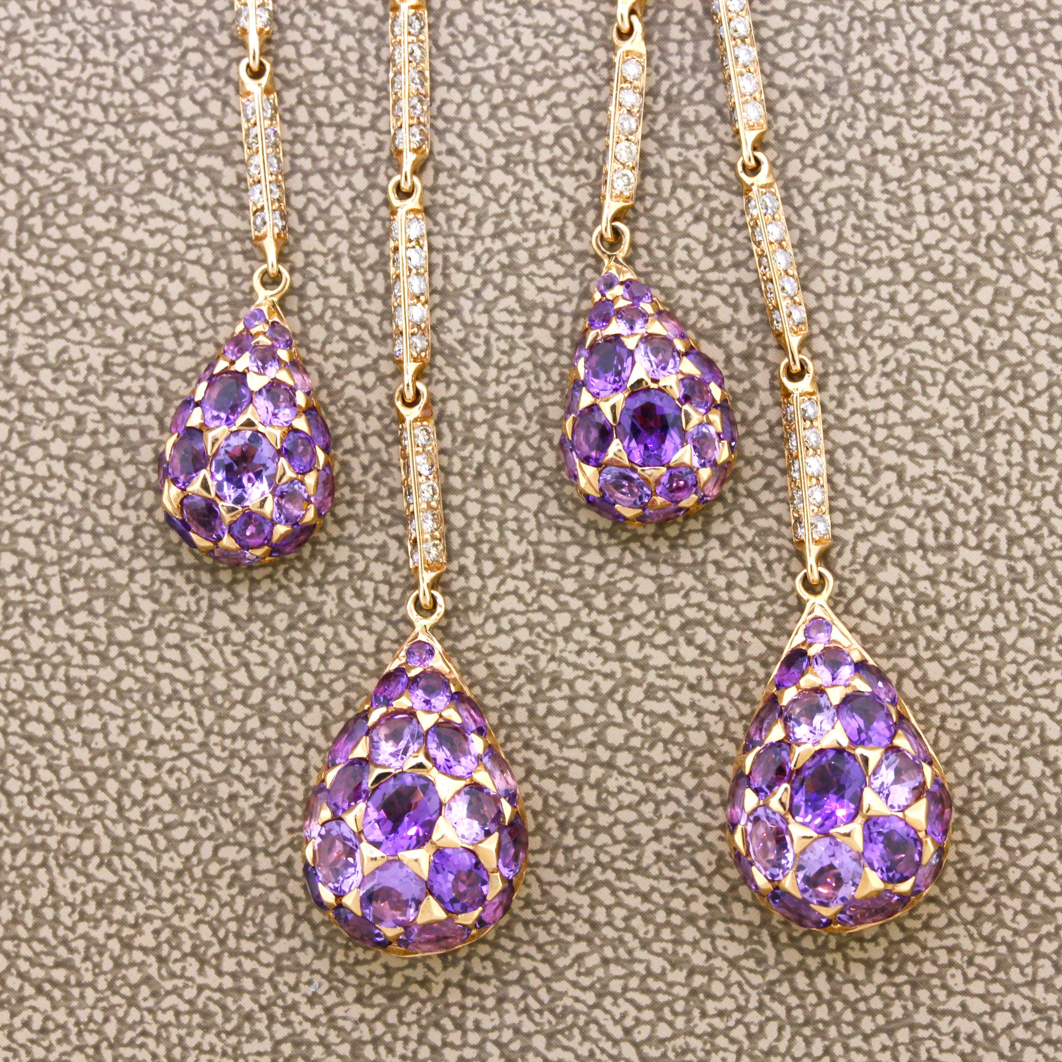 Round Cut Amethyst Diamond Sapphire Gold Drop Dangle Earrings For Sale