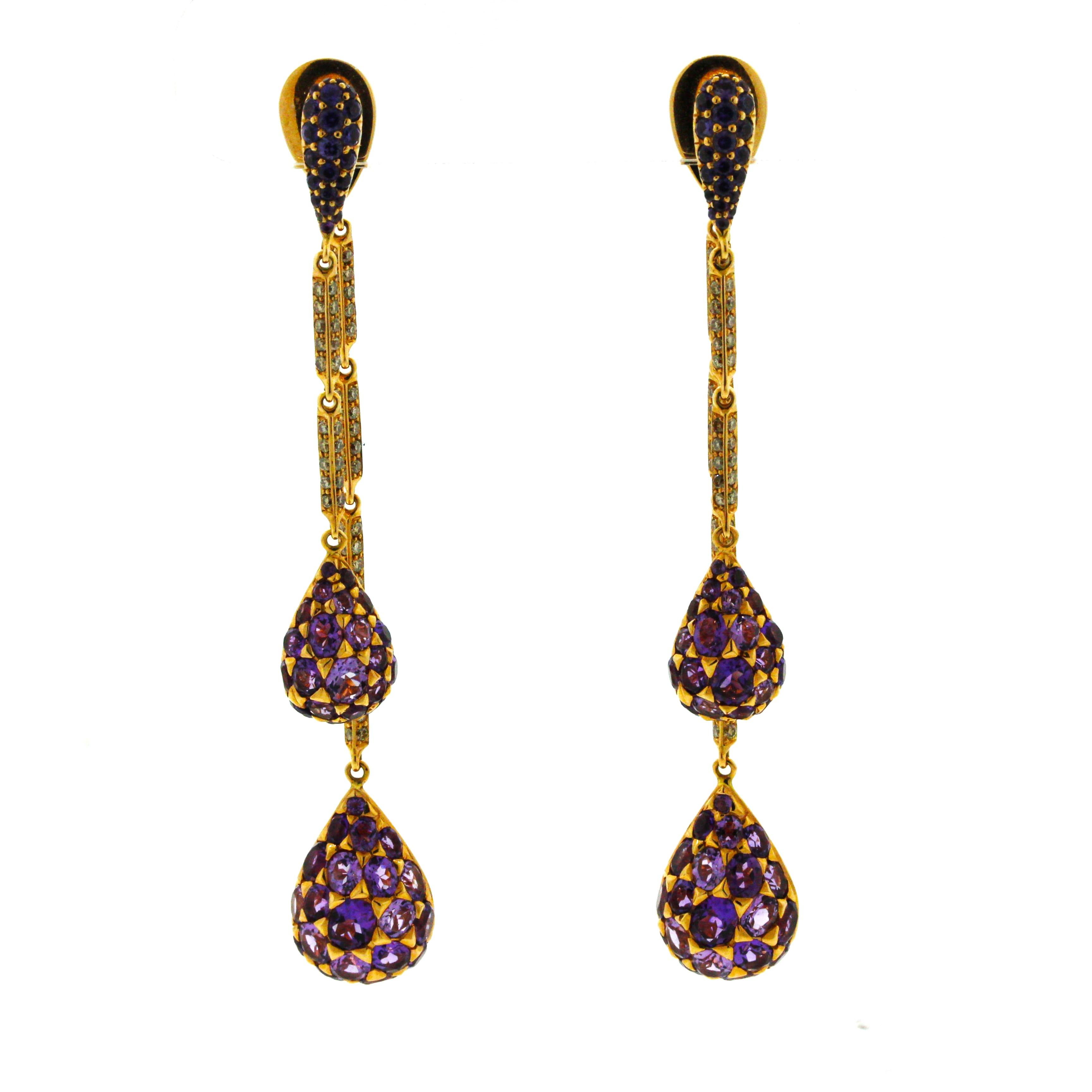 Amethyst Diamond Sapphire Gold Drop Dangle Earrings For Sale 1